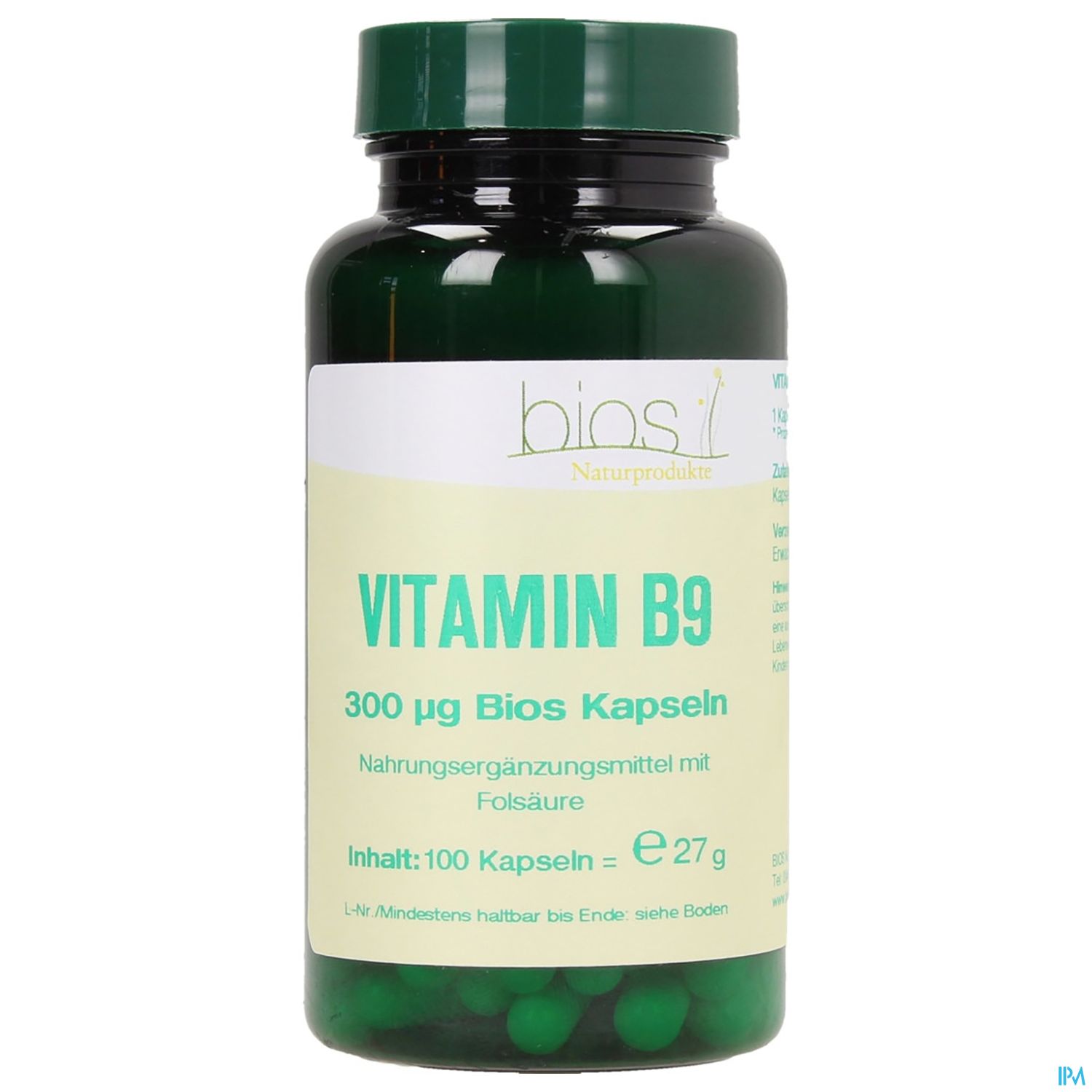 Grüne Flasche mit Vitamin B9 Kapseln, 300 µg, 100 Stück, mit der Aufschrift "biosi Naturprodukte".