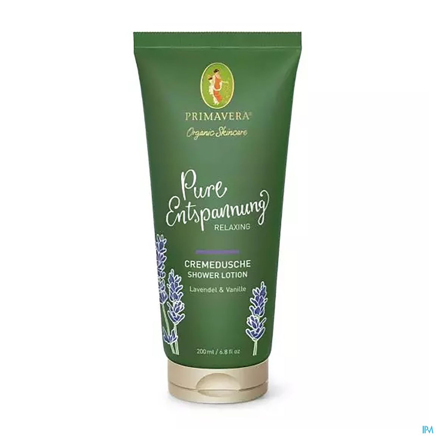 Tube einer Duschlotion mit der Aufschrift "Pure Entspannung" von Primavera, mit Abbildungen von Lavendel und Vanille.