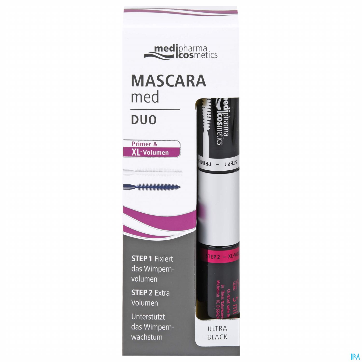 Mascara Duo von medi pharma cosmetics mit Primer und XL-Volumen, Verpackung zeigt Anwendungsschritte und Farbbezeichnung "Ultra Black".