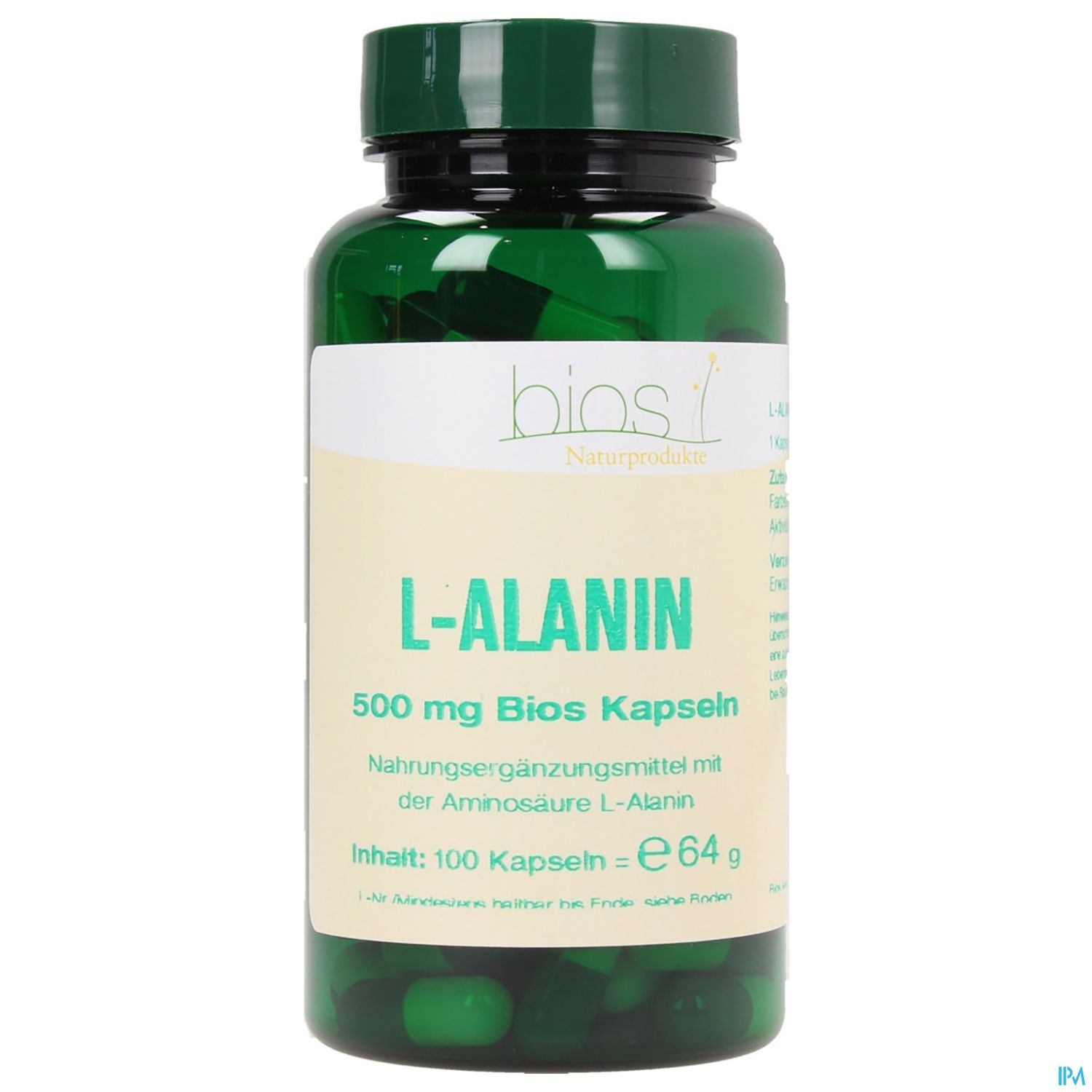 Grüne Flasche mit 100 Kapseln L-Alanin, Nahrungsergänzungsmittel, 500 mg pro Kapsel, Beschriftung in deutscher Sprache.