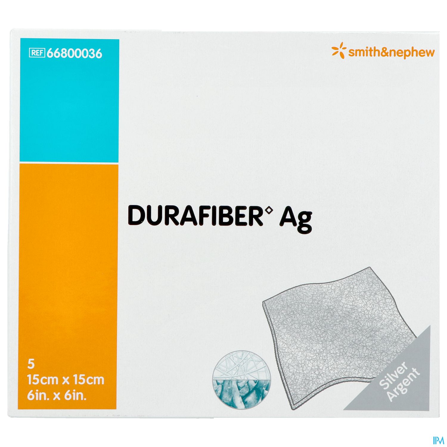 Verpackung eines medizinischen Produkts mit der Bezeichnung "DURAFIBER Ag", 15 cm x 15 cm, Inhalt: 5 Stück.