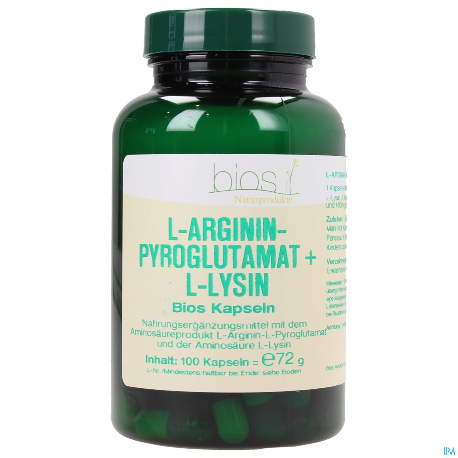 Grüner Flacon mit 100 Kapseln, beschriftet mit "L-Arginin-Pyroglutamat + L-Lysin" und dem Hinweis "Nahrungsergänzungsmittel".