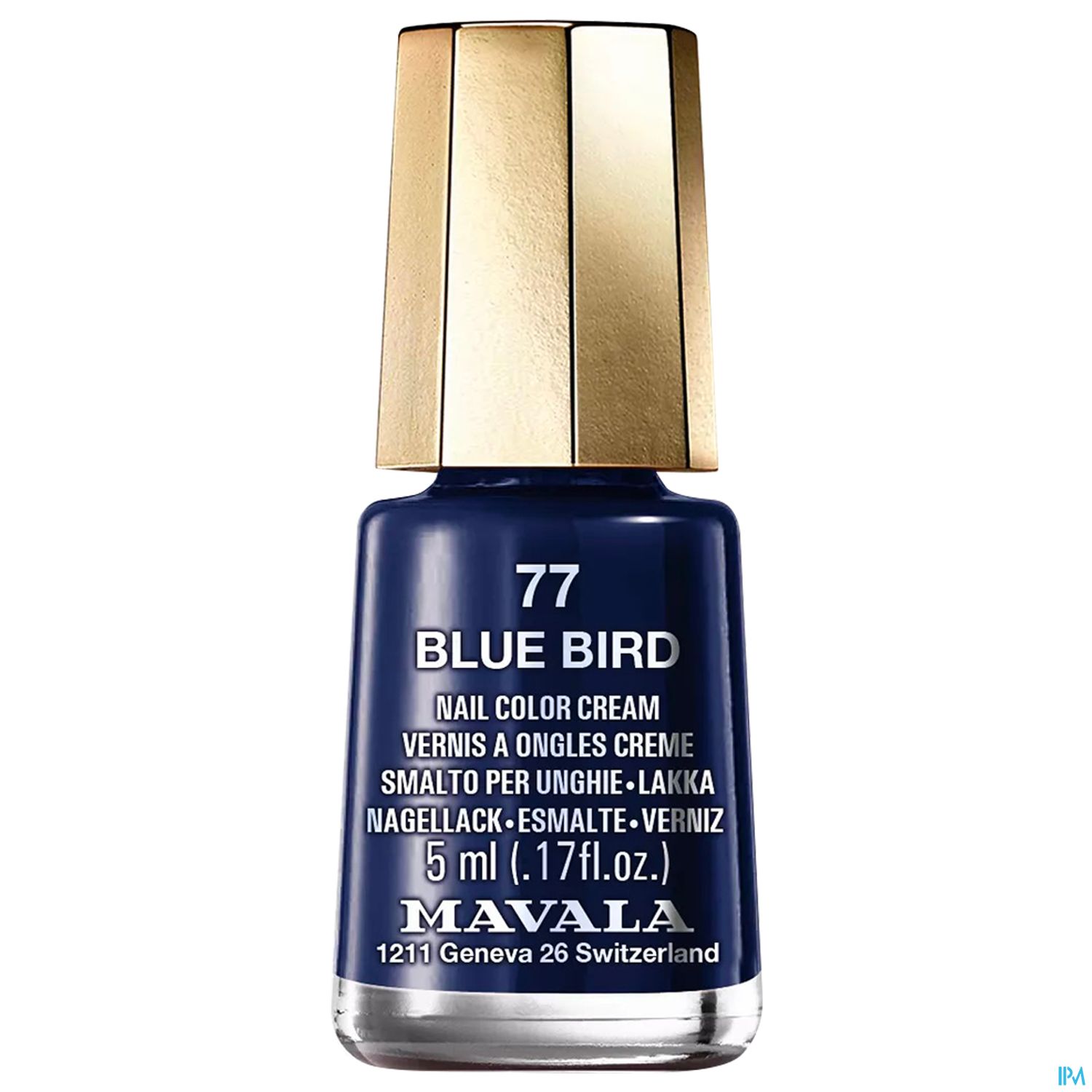 Blau lackierte Nagellackflasche mit goldenem Deckel, Beschriftung "77 BLUE BIRD" und Mavala-Logo.