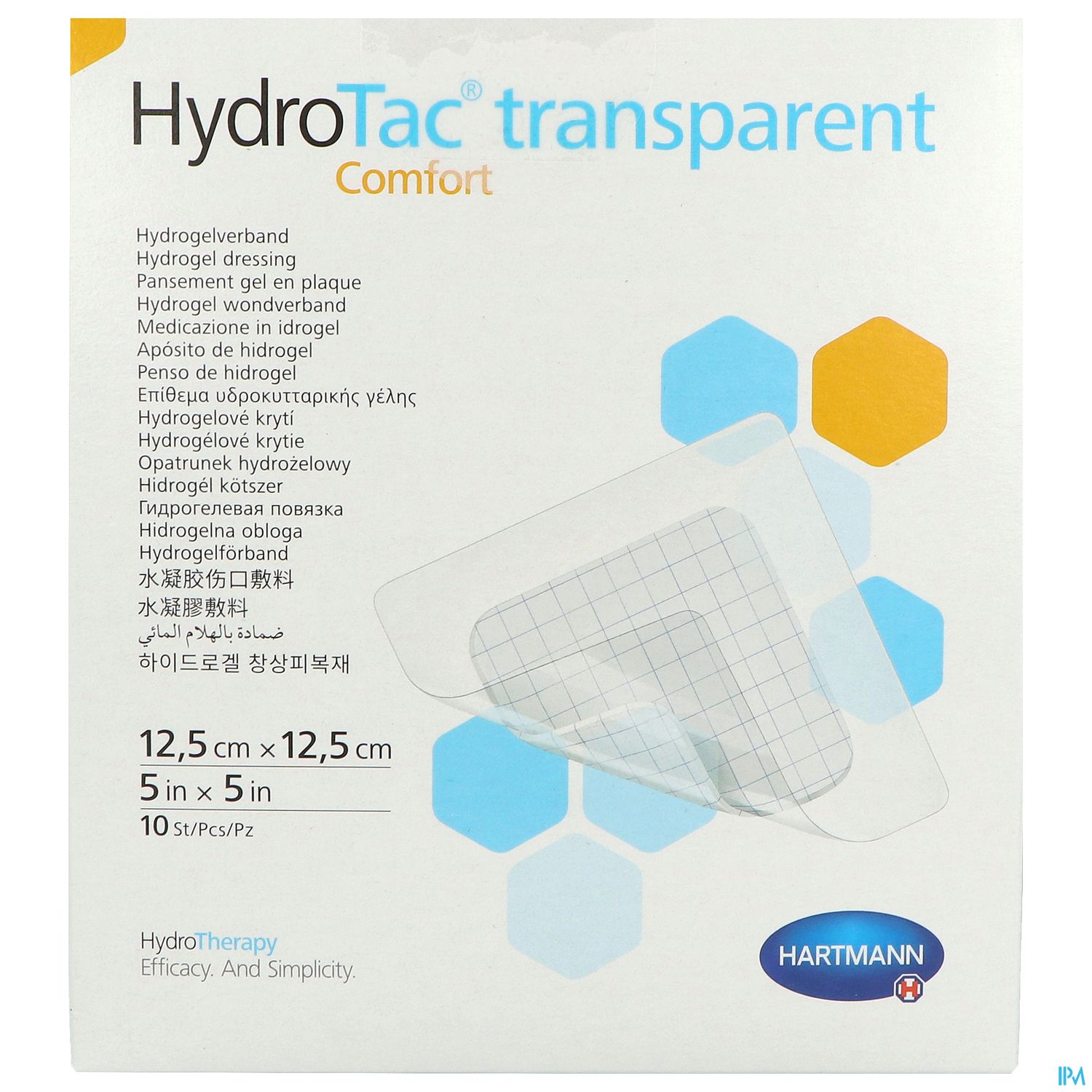 Verpackung eines hydrogelbasierten Wundverbands namens HydroTac transparent Comfort, mit Größenangaben und Herstellerinformationen.