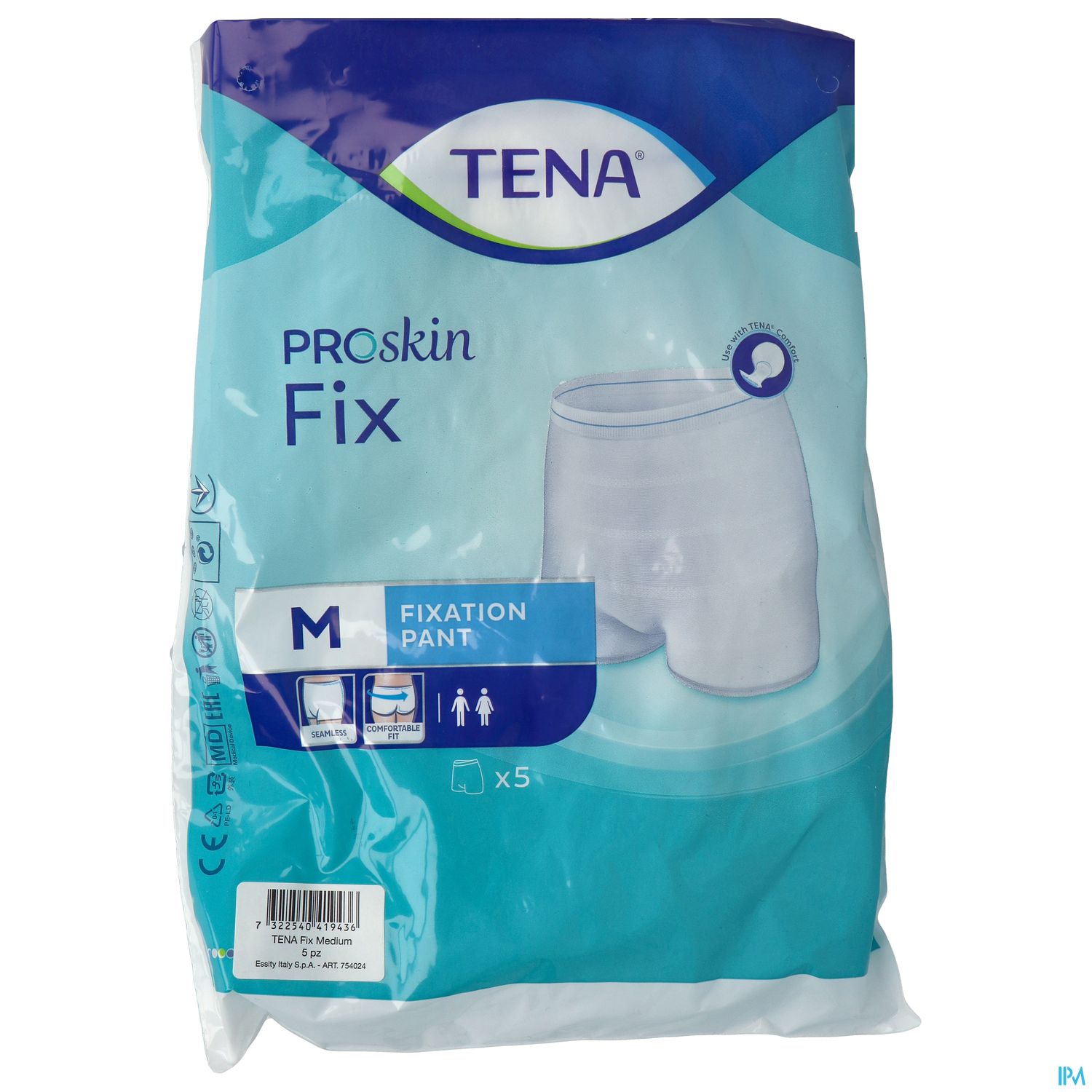 Verpackung mit Fixationshosen von TENA, Größe M, enthält fünf Stück.