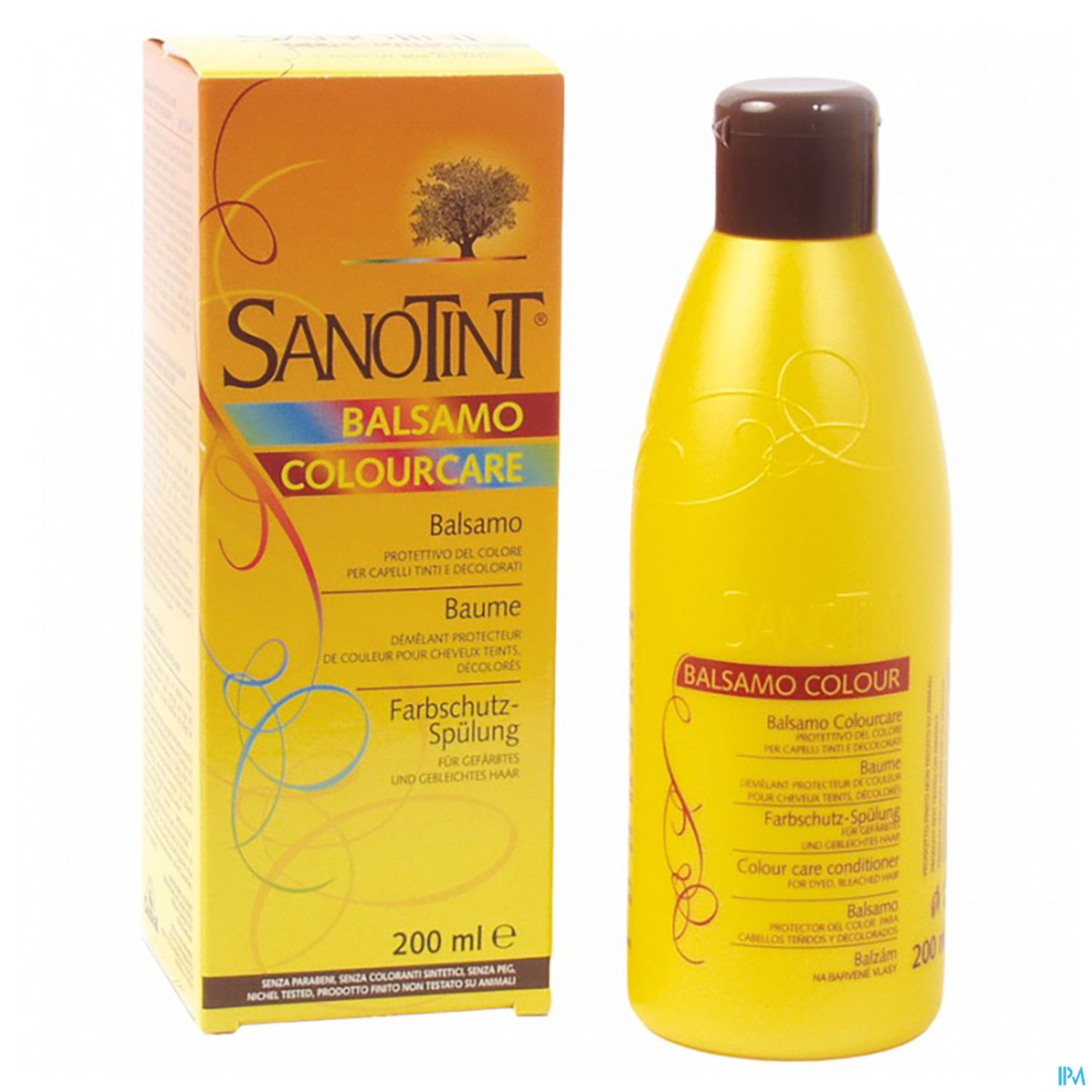Eine gelbe Flasche mit der Aufschrift "Sanotint Balsamo Colourcare" und eine passende Verpackung.