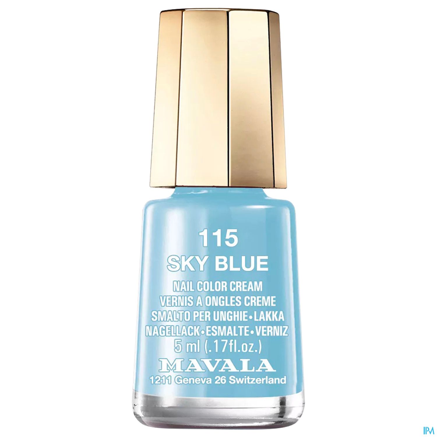 Nagellack-Flasche in Himmelblau mit goldener Kappe und der Aufschrift „115 SKY BLUE“ von Mavala.