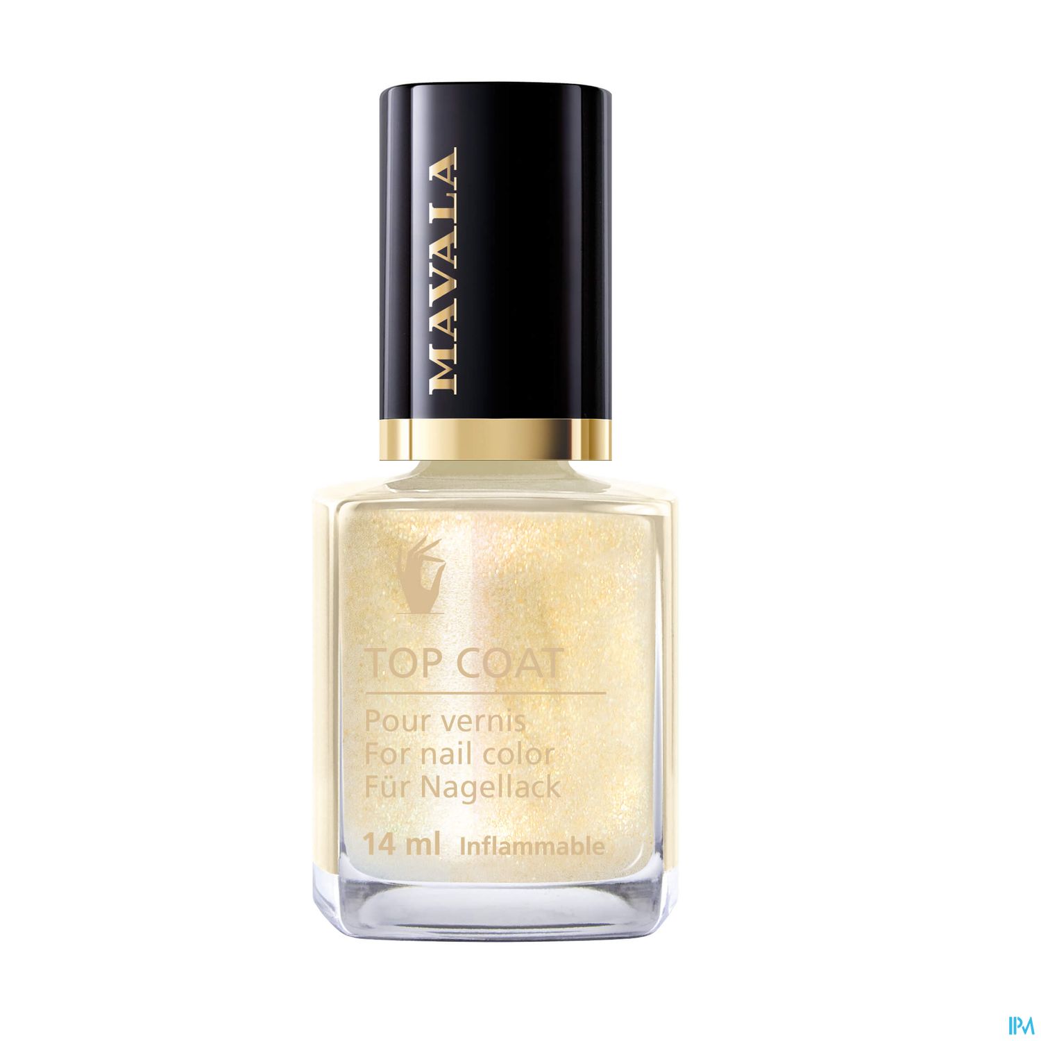 Flasche mit transparentem Top Coat Nagellack, 14 ml, von Mavala, mit goldenen Glitzerpartikeln.