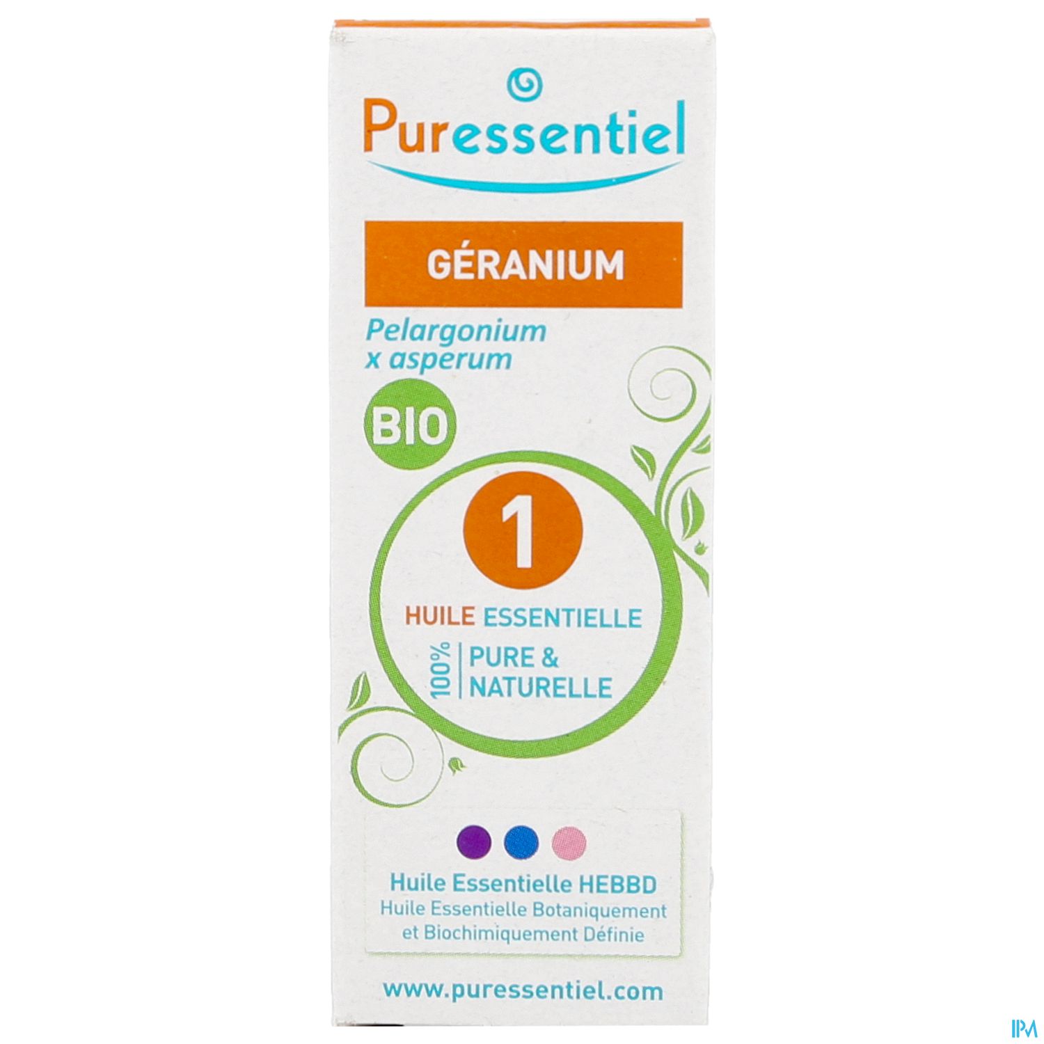 Produktverpackung für ätherisches Öl "Géranium" von Puressentiel, bio, 100% rein und natürlich.