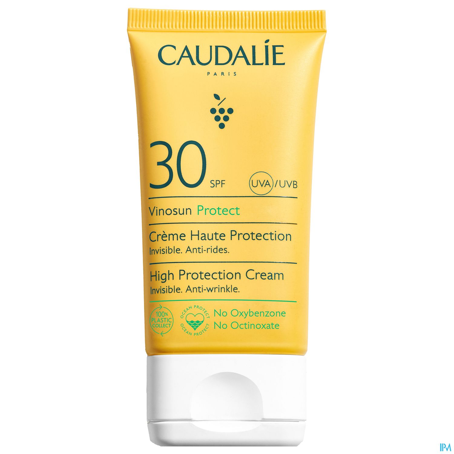 Sonnenschutzcreme mit SPF 30 in gelber Verpackung, beschriftet mit "CAUDALIE" und "Vinosun Protect".