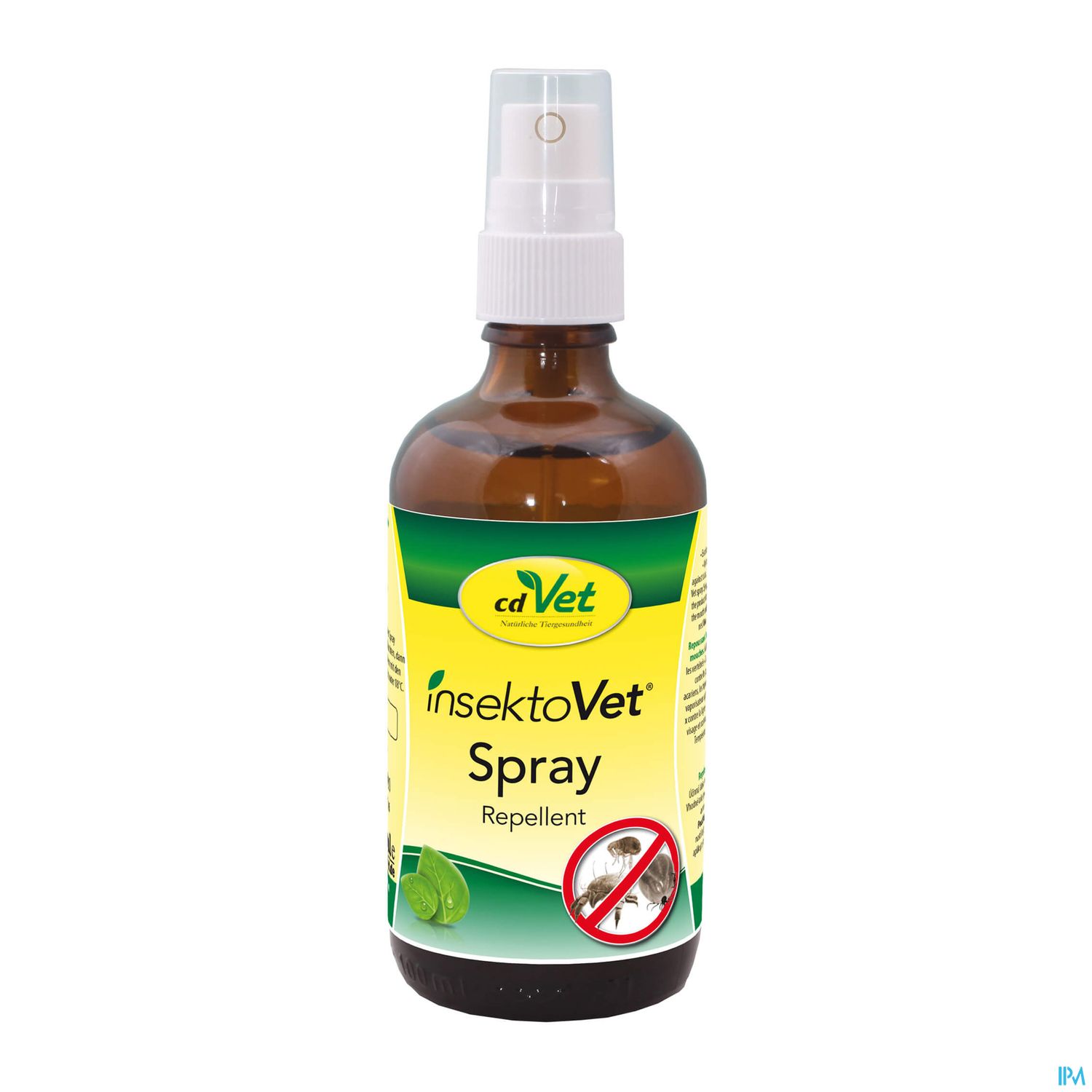 Braune Sprühflasche mit gelber Etikettierung für das InsektoVet Spray, einem Insektenrepellent.