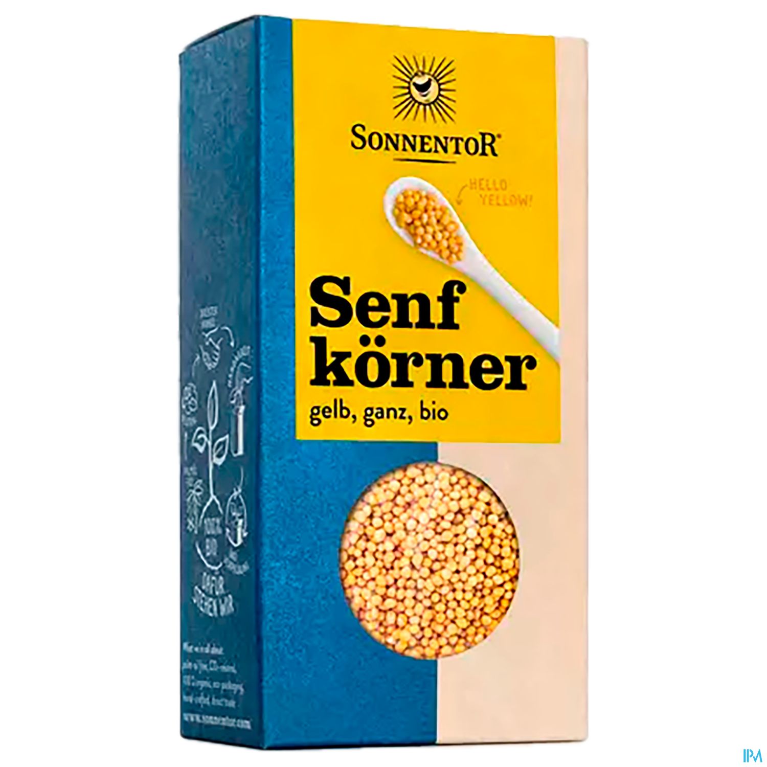 Verpackung mit Senfkörnern in gelber Farbe, Marke Sonnentor, mit einem transparenten Fenster, das den Inhalt zeigt.