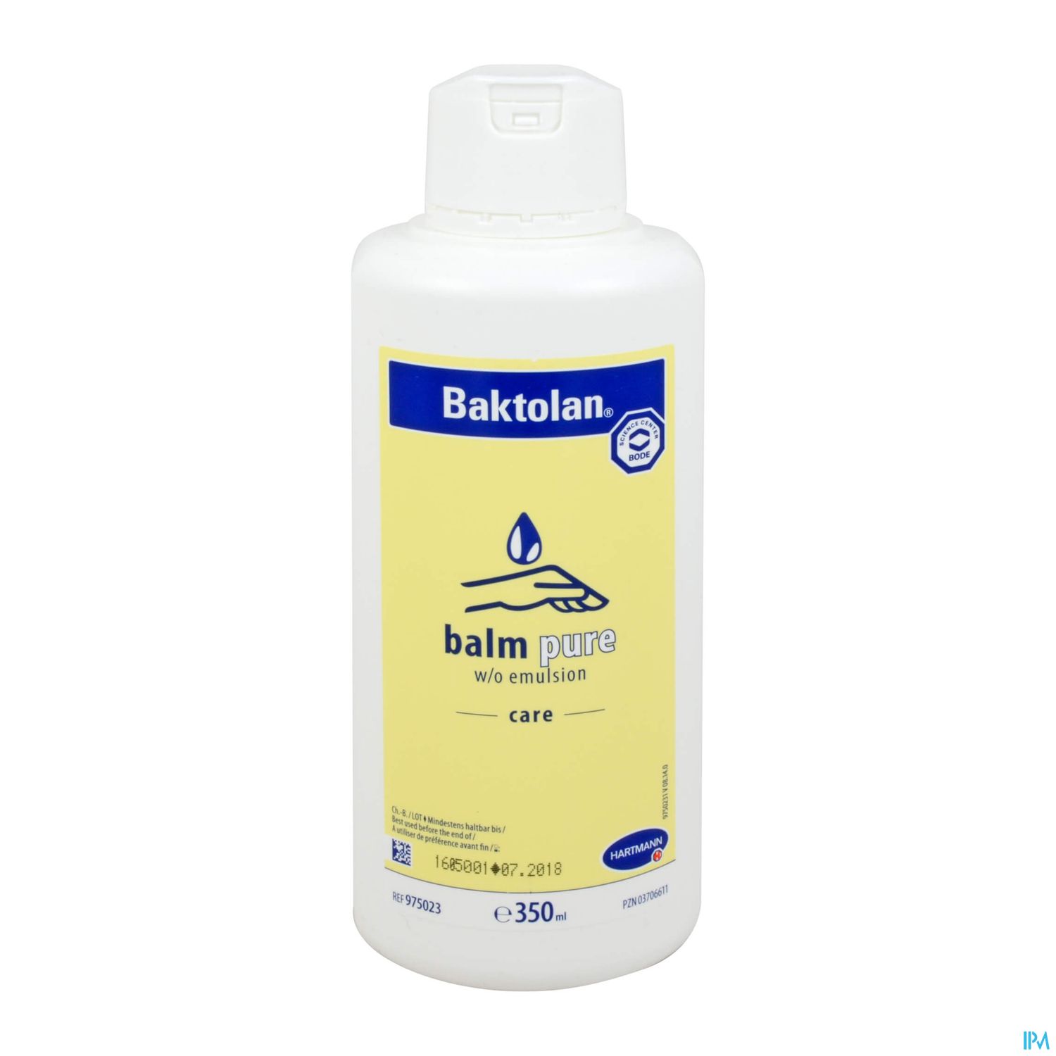 Flasche mit Baktolan balm pure, w/o emulsion, Pflegeprodukt, 350 ml.