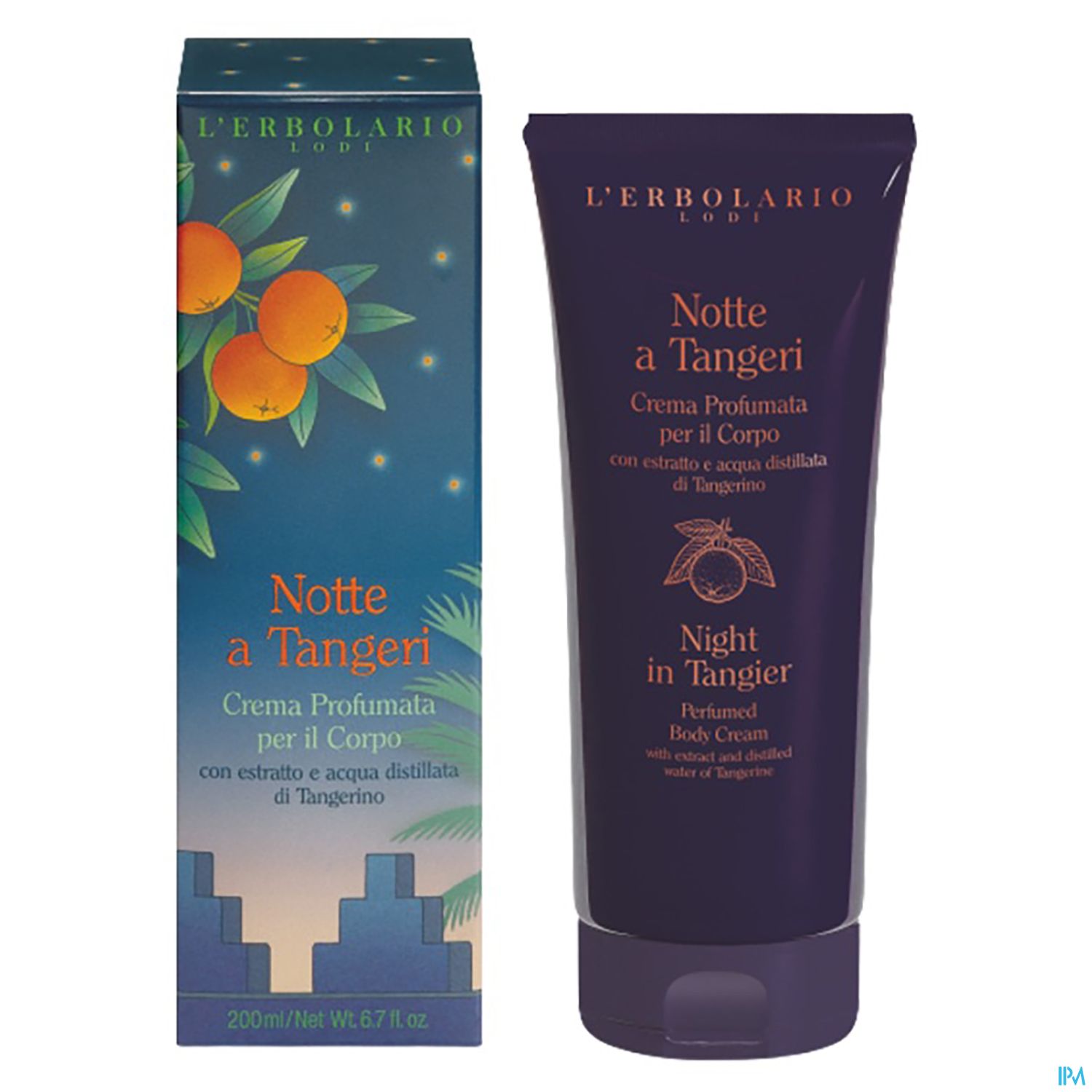 Verpackung und Tube einer Körpercreme namens "Notte a Tangeri" von L'Erbolario, mit Orangenmotiven auf der Verpackung und dem Hinweis auf einen Duft.