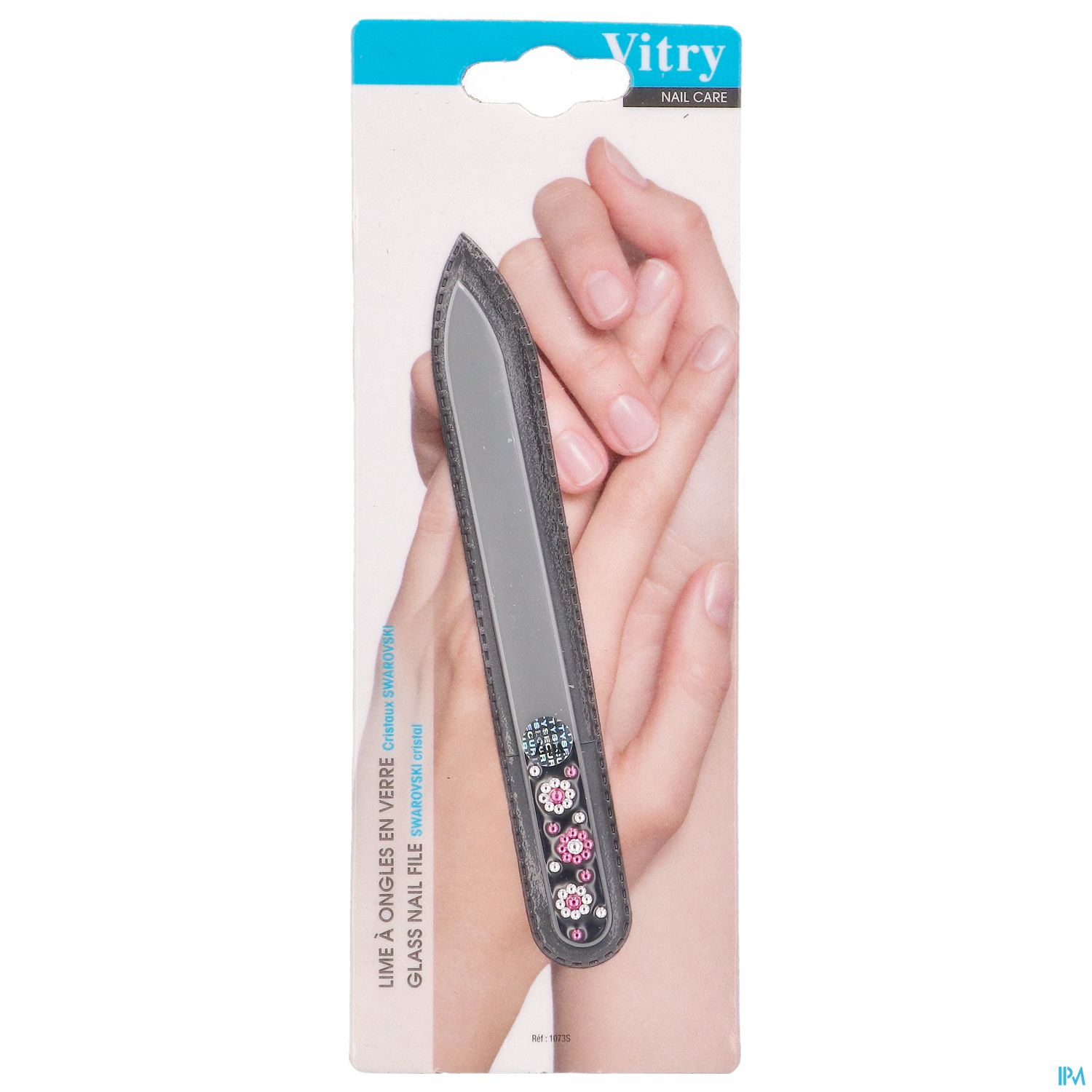 Glasnagelfeile von Vitry auf einer Verpackung mit Händen im Hintergrund.
