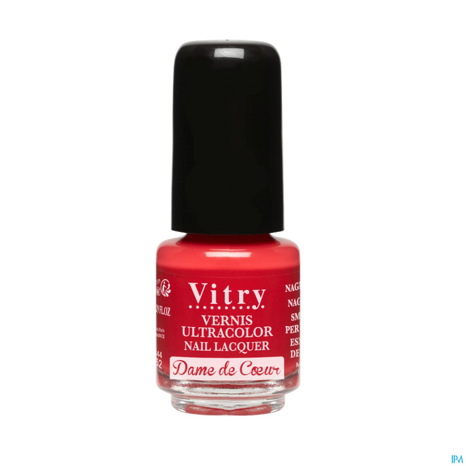 Flasche Nagellack in leuchtendem Rot mit schwarzem Deckel, beschriftet mit "Vitry Vernis Ultracolor Nail Lacquer Dame de Coeur".
