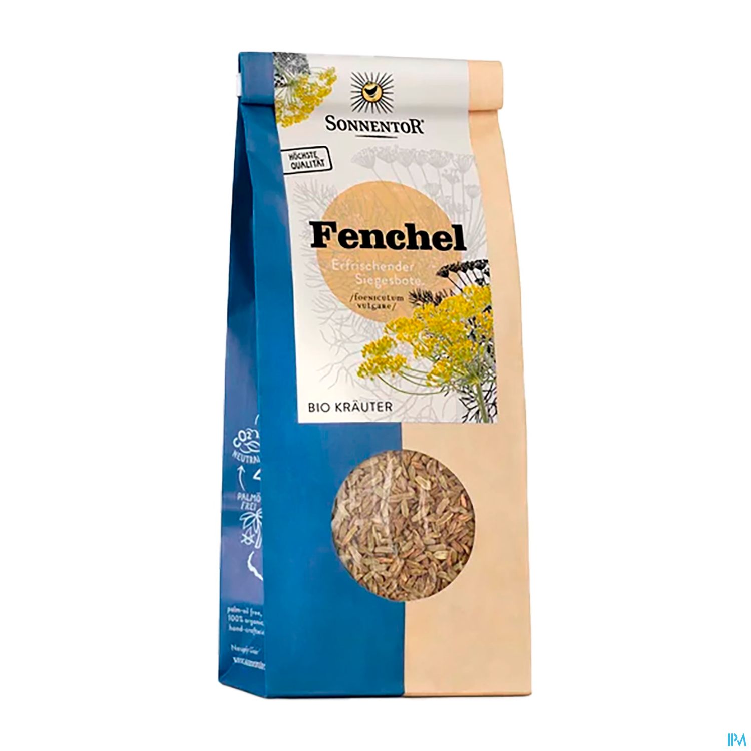 Paket mit Fenchel-Samen von Sonnentor, blau-beige mit Sichtfenster und Bio-Kräuter-Text.