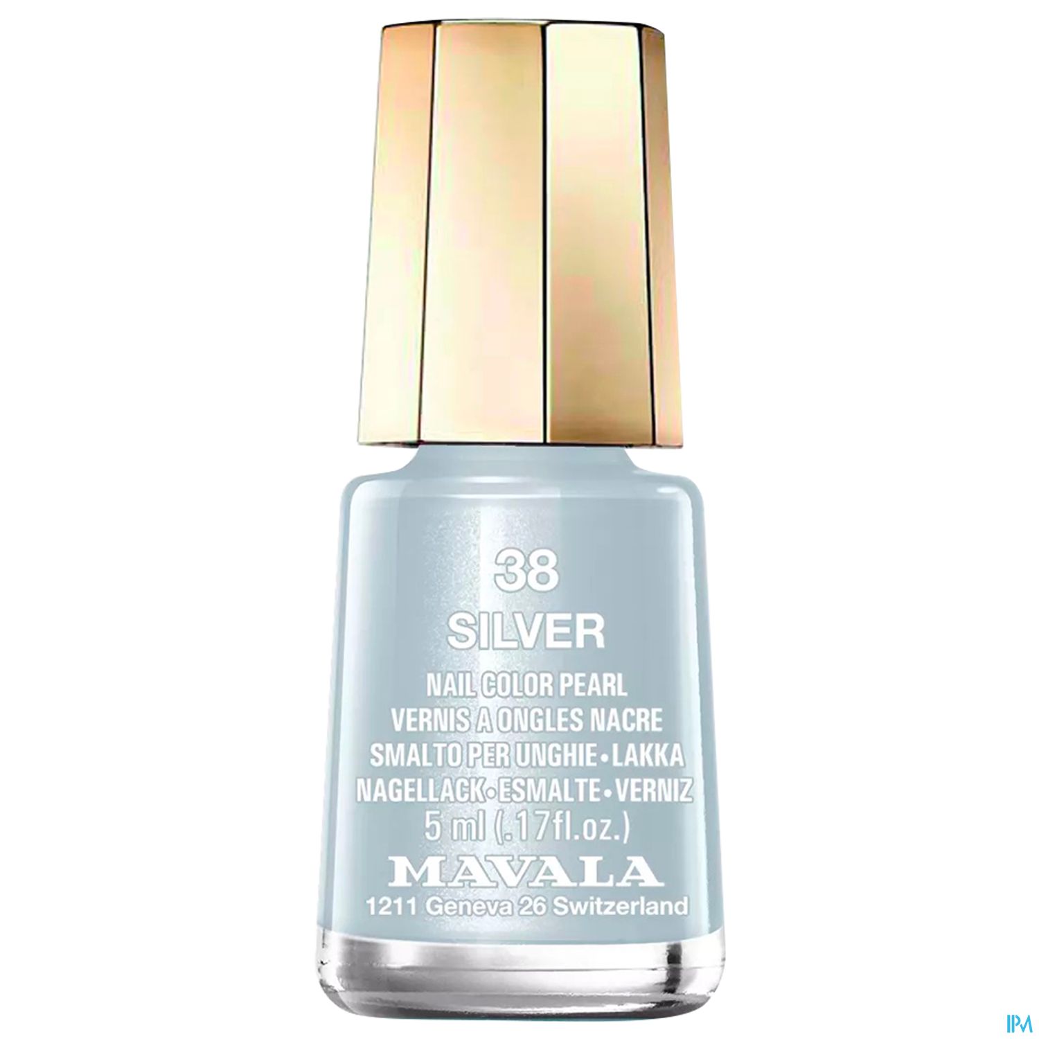 Nagellackflasche in hellblauer Farbe mit goldenem Deckel, beschriftet mit "38 SILVER NAIL COLOR PEARL" und "MAVALA".