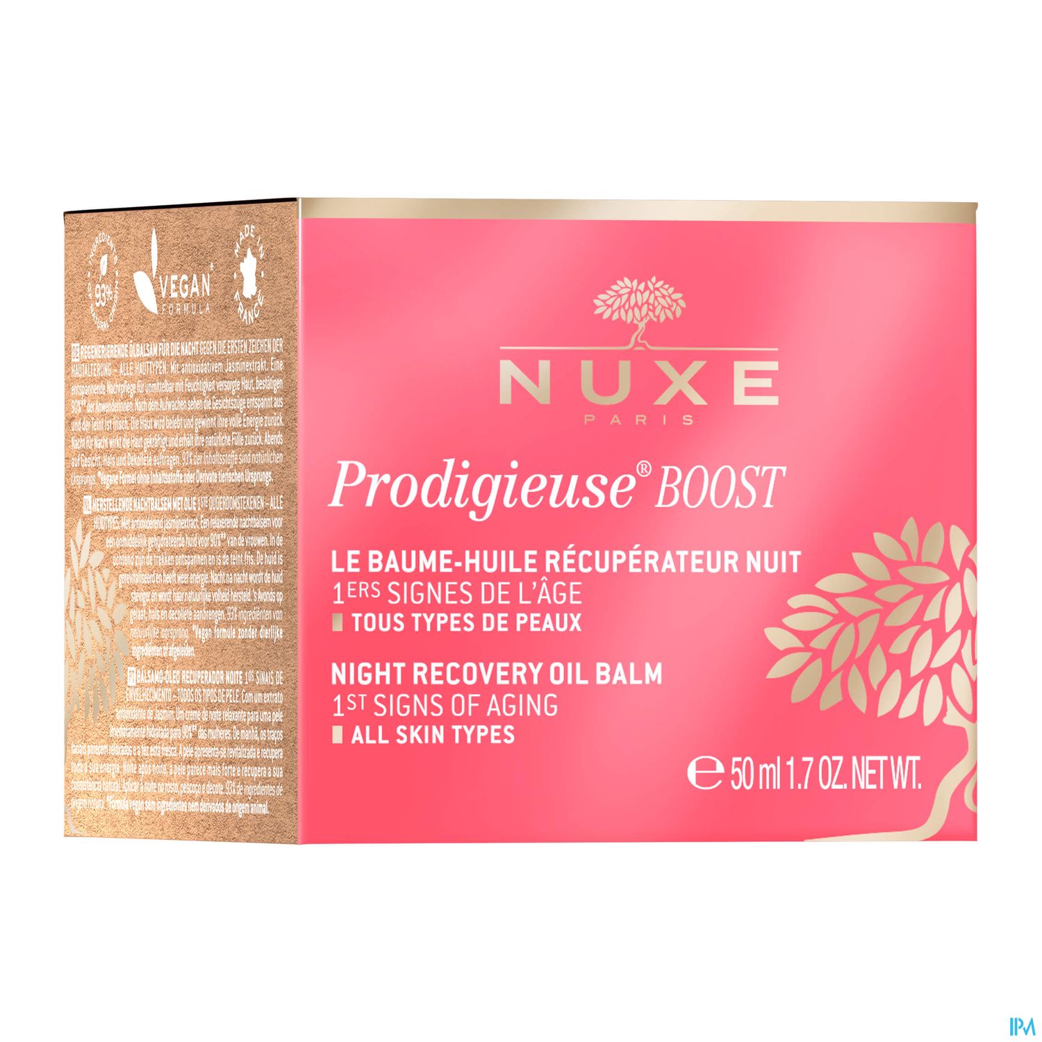 Verpackung eines NUXE Prodigieuse BOOST Nachtpflege-Balsams mit Angaben zu Anwendung und Inhaltsstoffen.