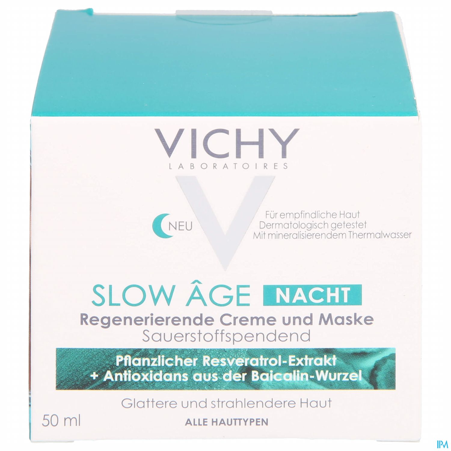 Produktverpackung von Vichy Slow Âge Nachtcreme mit Beschreibung und Inhaltsstoffen.