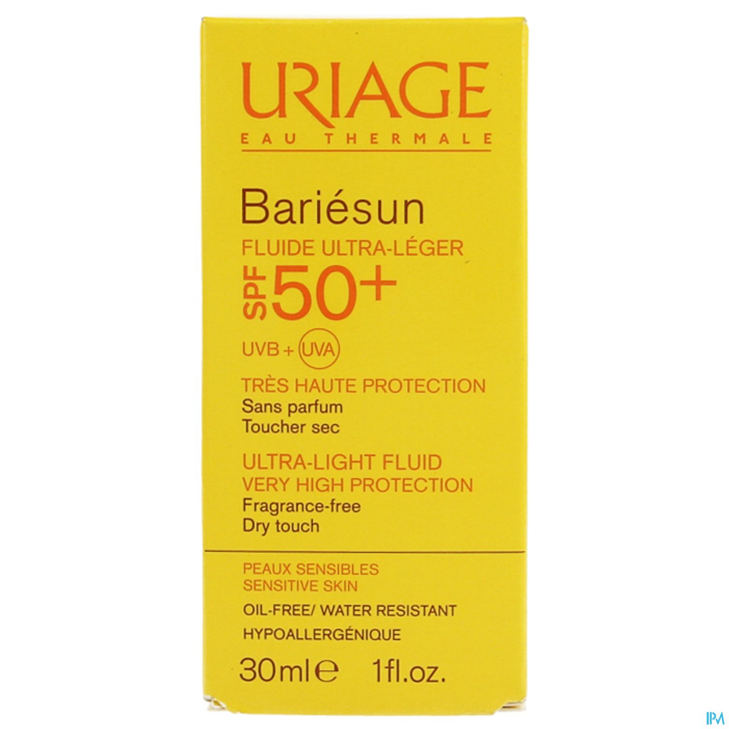 Gelbe Verpackung von Uriage Bariésun Sonnencreme mit SPF 50+, 30 ml, Hinweis auf sehr hohe UVB- und UVA-Protection, ohne Parfum und ölfrei.