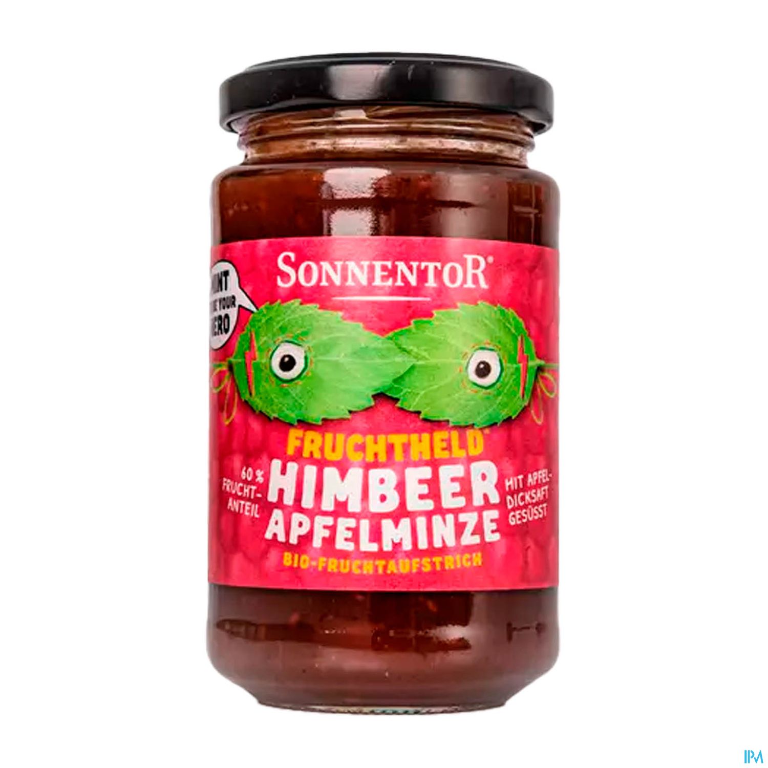 Glas mit Himbeer-Apfel-Minz-Fruchtaufstrich von Sonnentor, mit buntem Etikett und grünen Blättern.