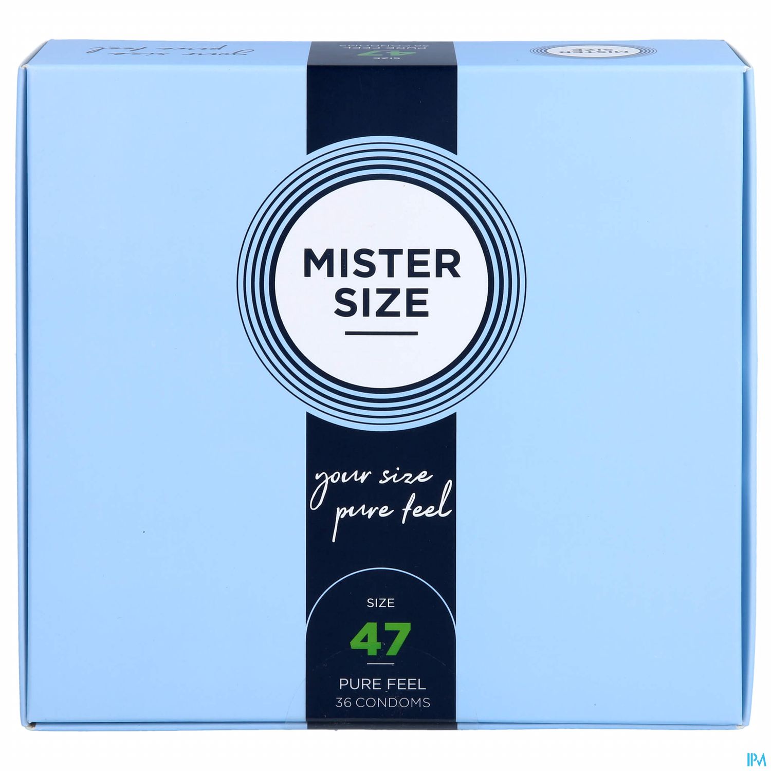 Packung mit 36 Kondomen der Marke Mister Size, Größe 47, mit dem Schriftzug "your size, pure feel" auf einem hellblauen Hintergrund.