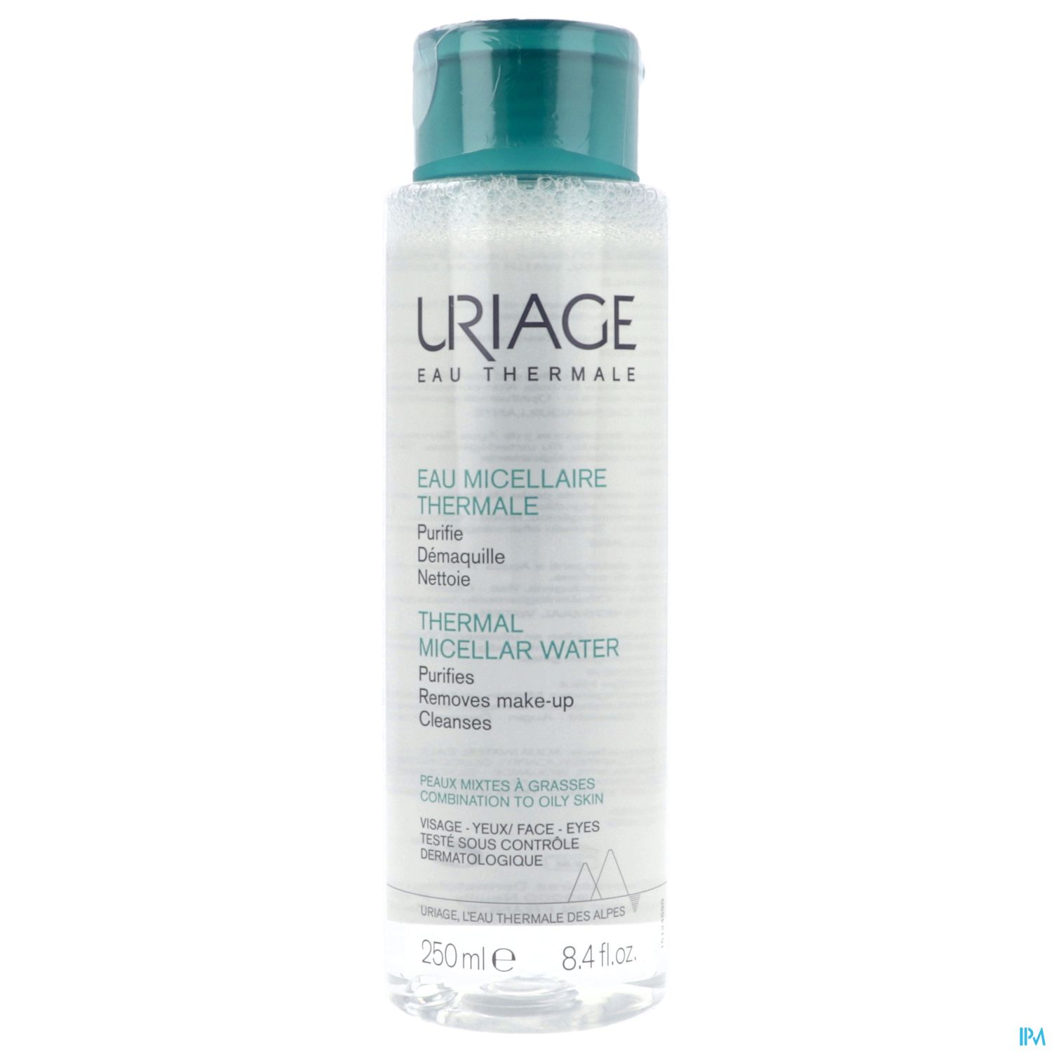 Flasche mit Uriage Eau Micellaire Thermale, 250 ml, zur Reinigung und Pflegen der Haut.