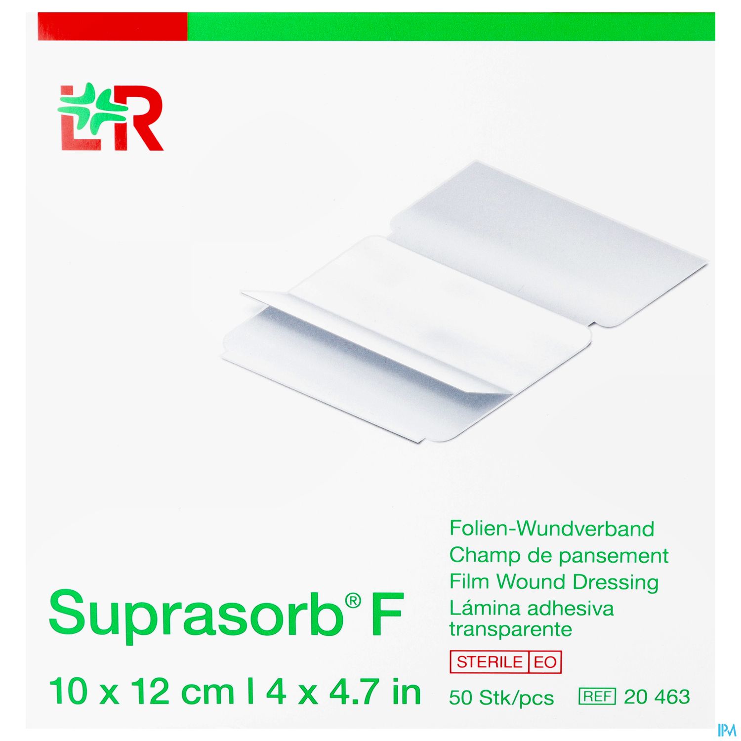 Produktverpackung eines Folien-Wundverbands mit der Bezeichnung „Suprasorb F“, Maße 10 x 12 cm, enthält 50 Stück, steril.