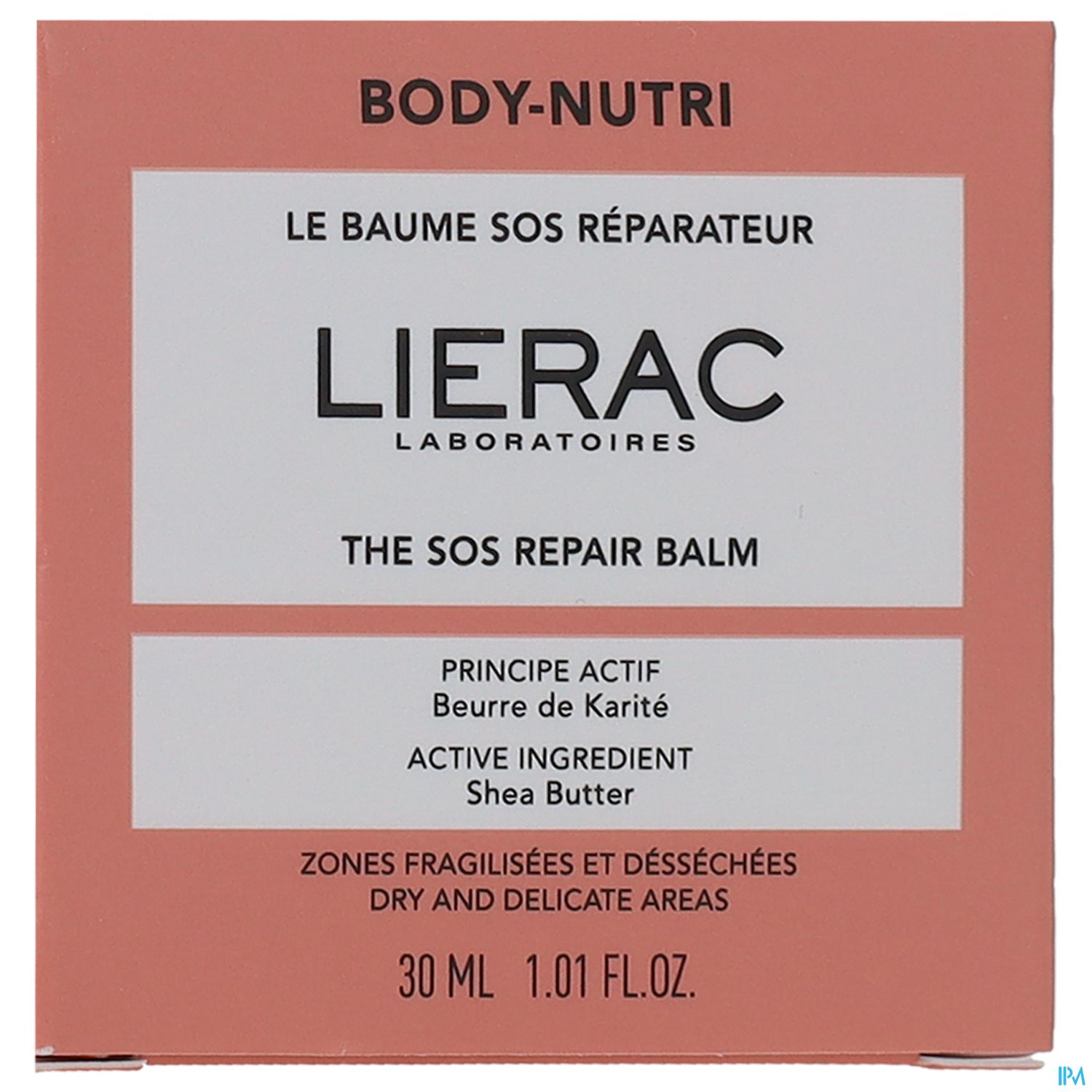 Produktverpackung von Lierac Body-Nutri, die einen Reparaturbalsam mit Shea Butter bewirbt.