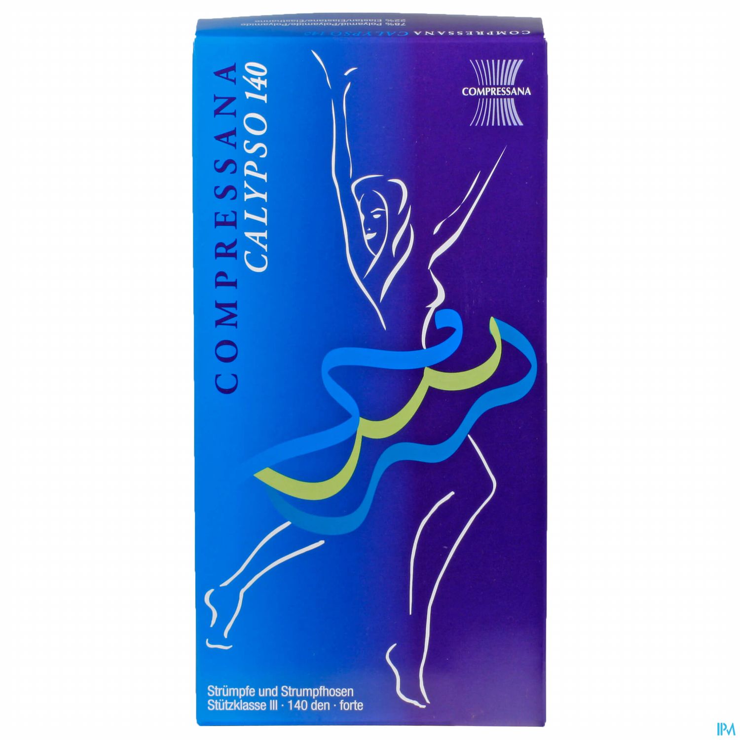 Verpackung der Kompressionsstrümpfe "Compressana Calypso 140" mit stilisierter, tanzender Figur in blau und lila Farben.