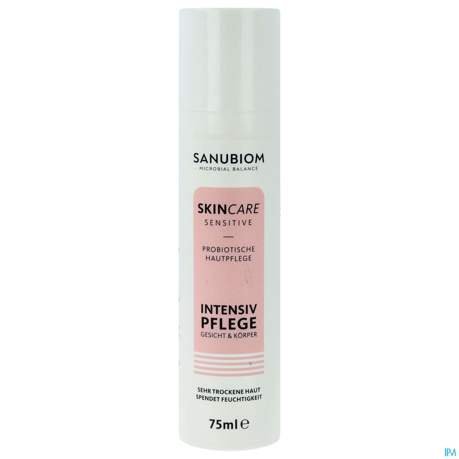Flasche mit hautpflegender Lotion von SANUBIOM, Beschriftung: "SKINCARE SENSITIVE", "INTENSIV PFLEGE", 75ml.