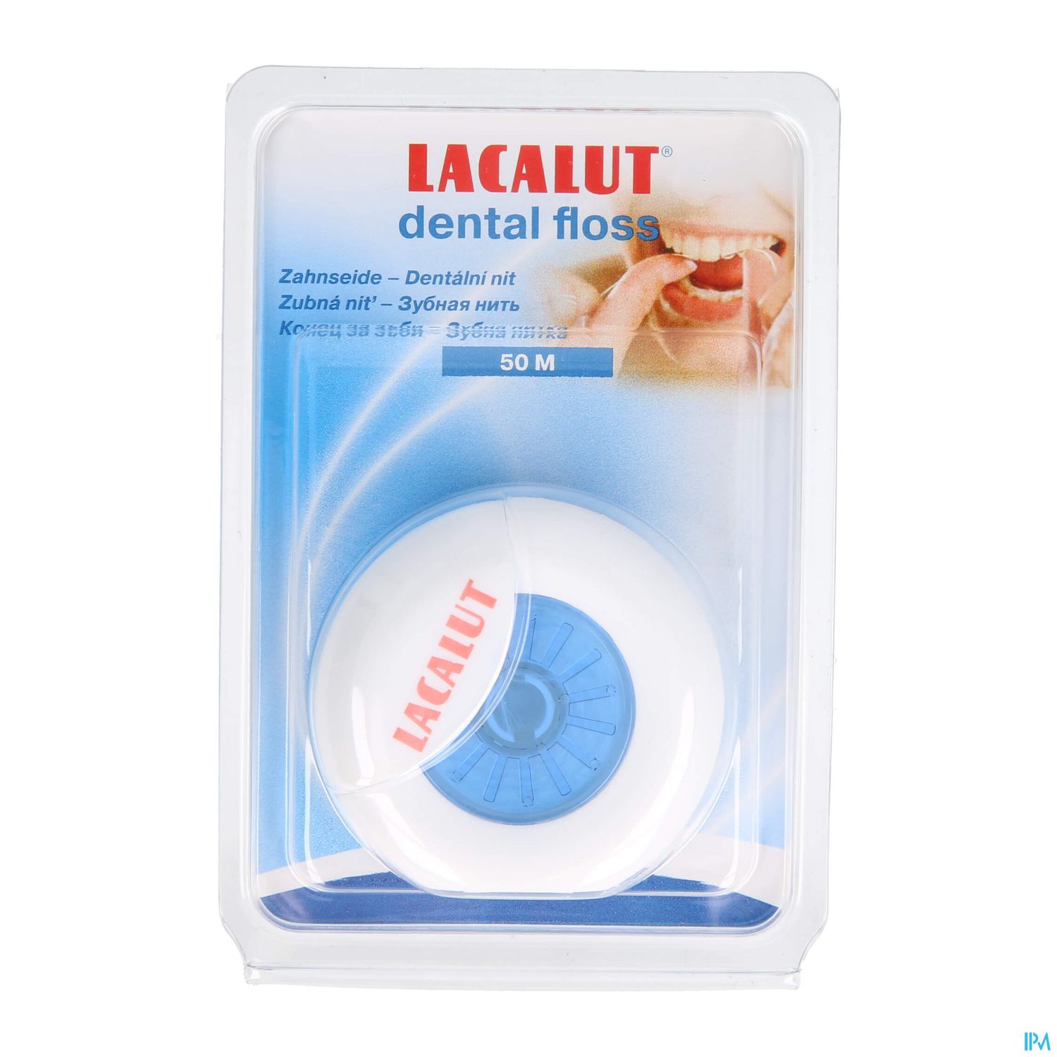 Verpackung von Lacalut Zahnseide mit einer Länge von 50 Metern.