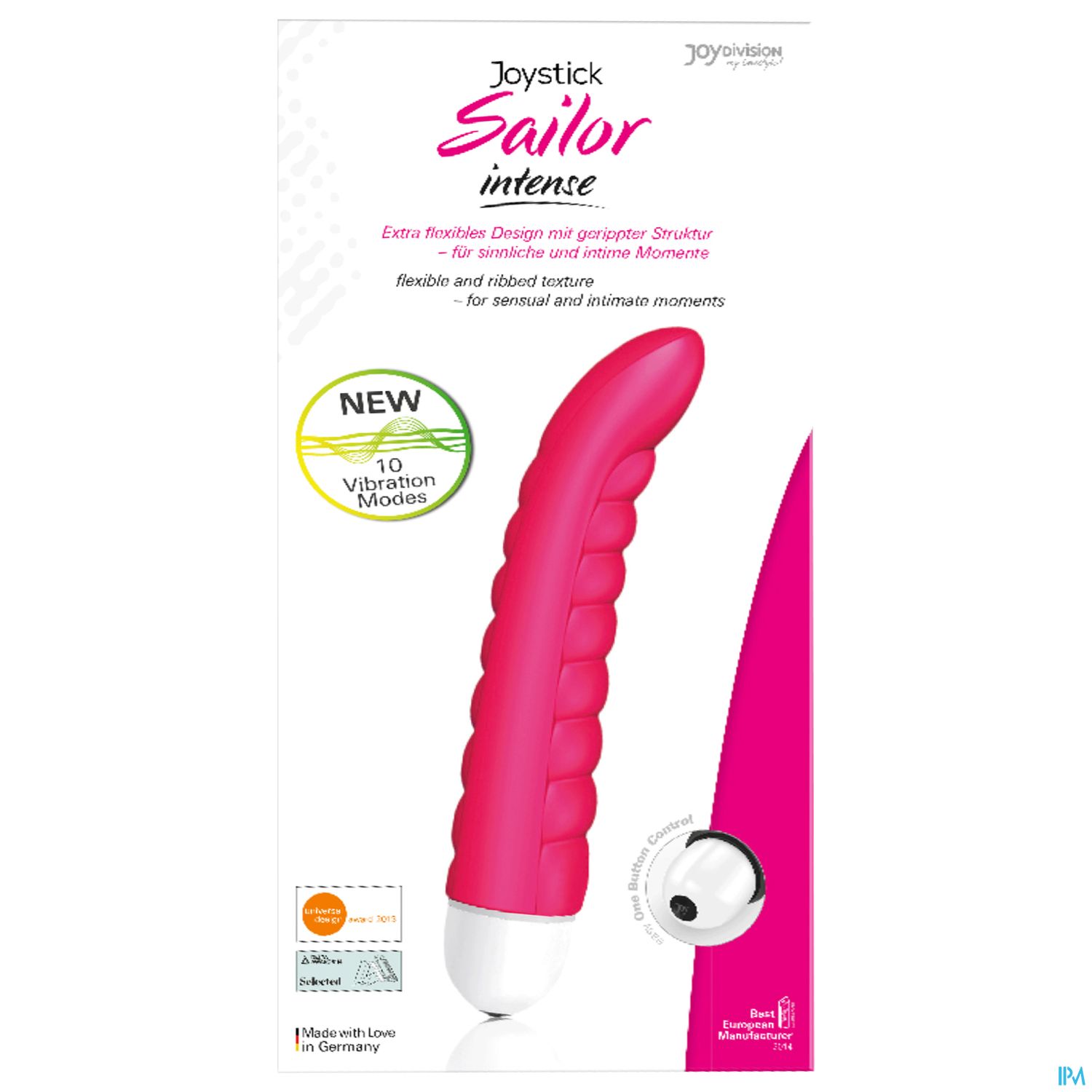 Produktverpackung eines pinken Vibrators mit der Aufschrift "Joystick Sailor intense" und Informationen zu Funktionen und Anwendung.