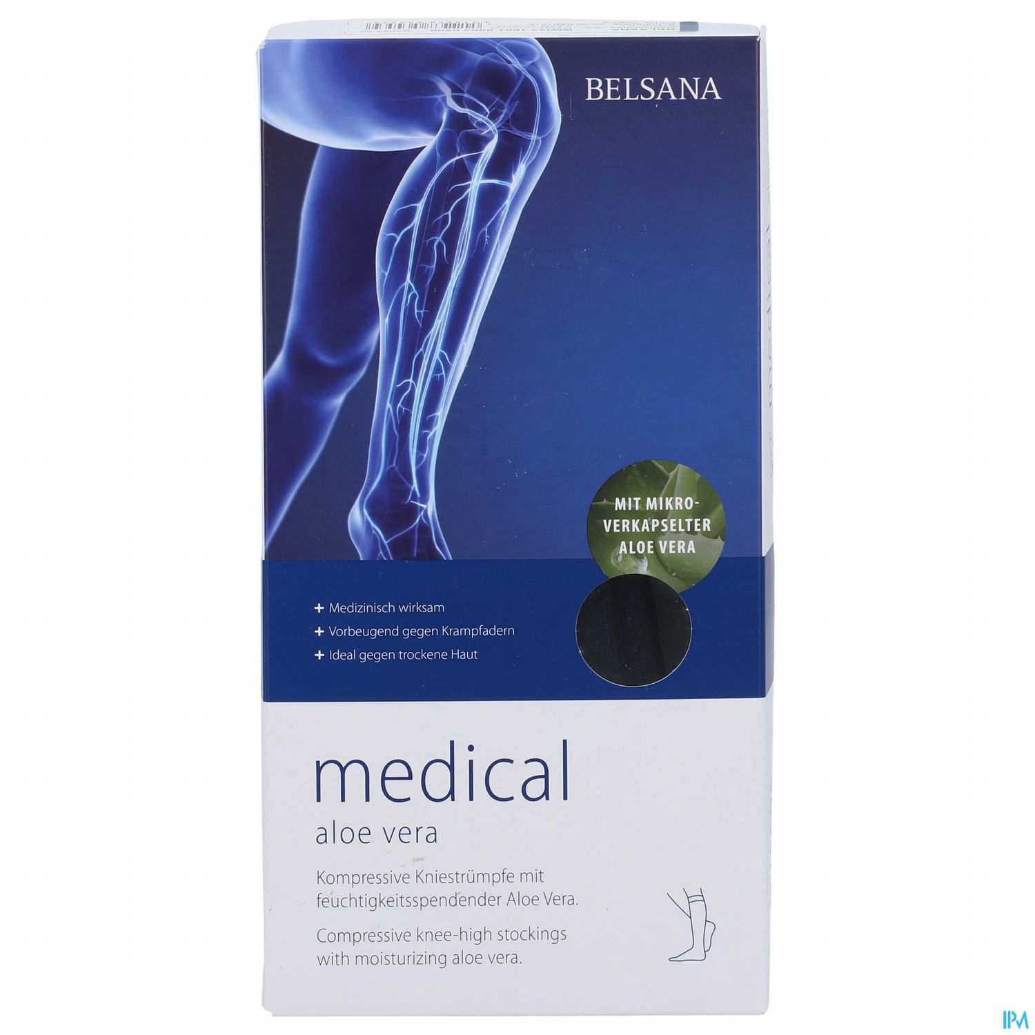 Verpackung von Belsana medical Aloe Vera, die kompressive Kniestrümpfe mit feuchtigkeitsspendender Aloe Vera zeigt.