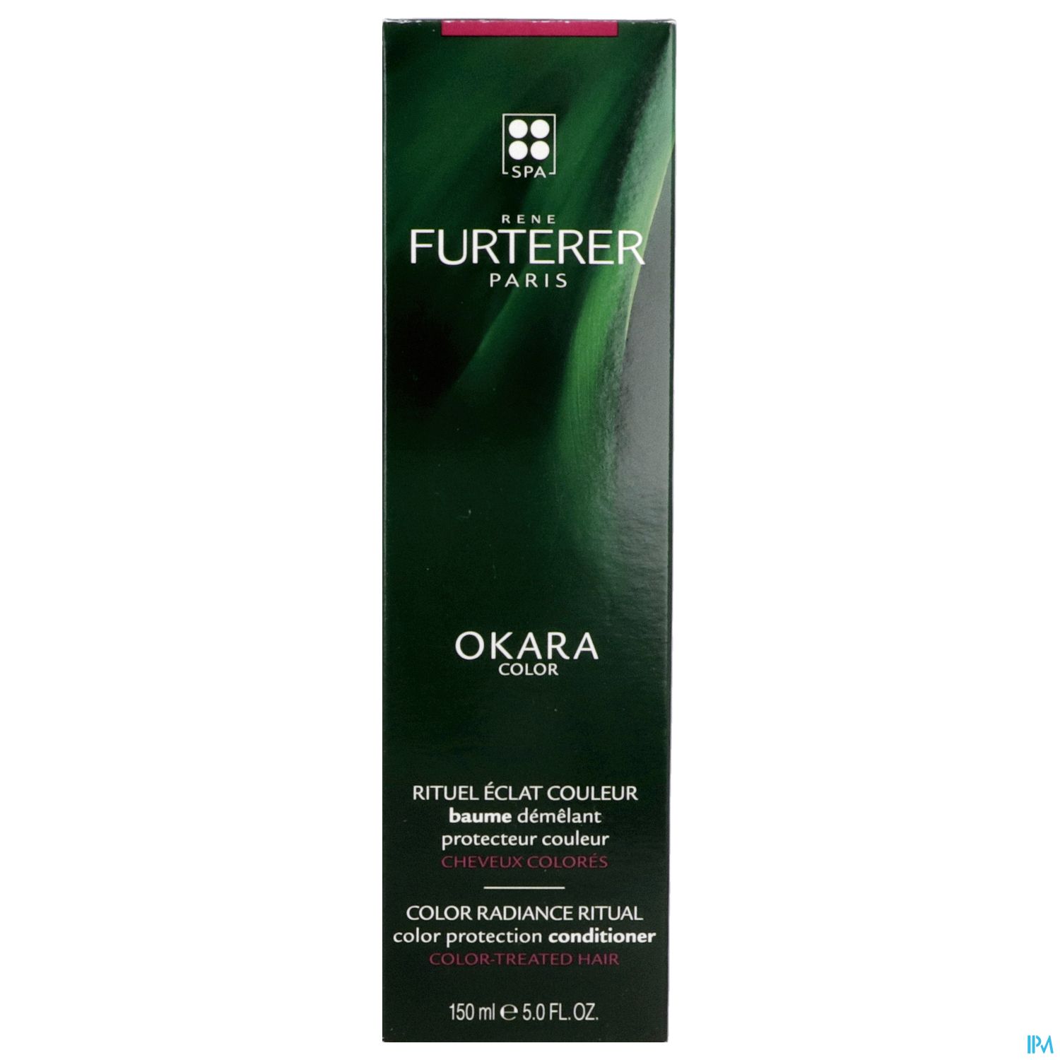 Grüne Verpackung eines Haarpflegeprodukts mit dem Namen "Okara Color" von René Furterer, 150 ml.