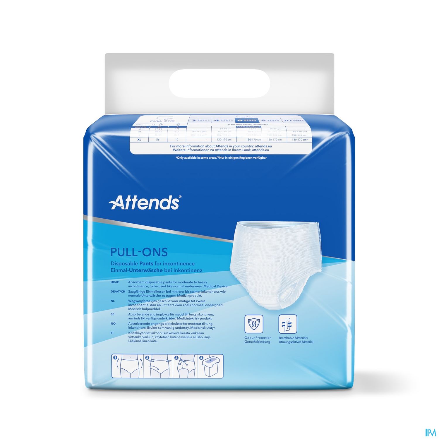 Verpackung von Attends Pull-Ons, Einweg-Inkontinenzhosen, mit Anwendungsanleitung auf der Rückseite.