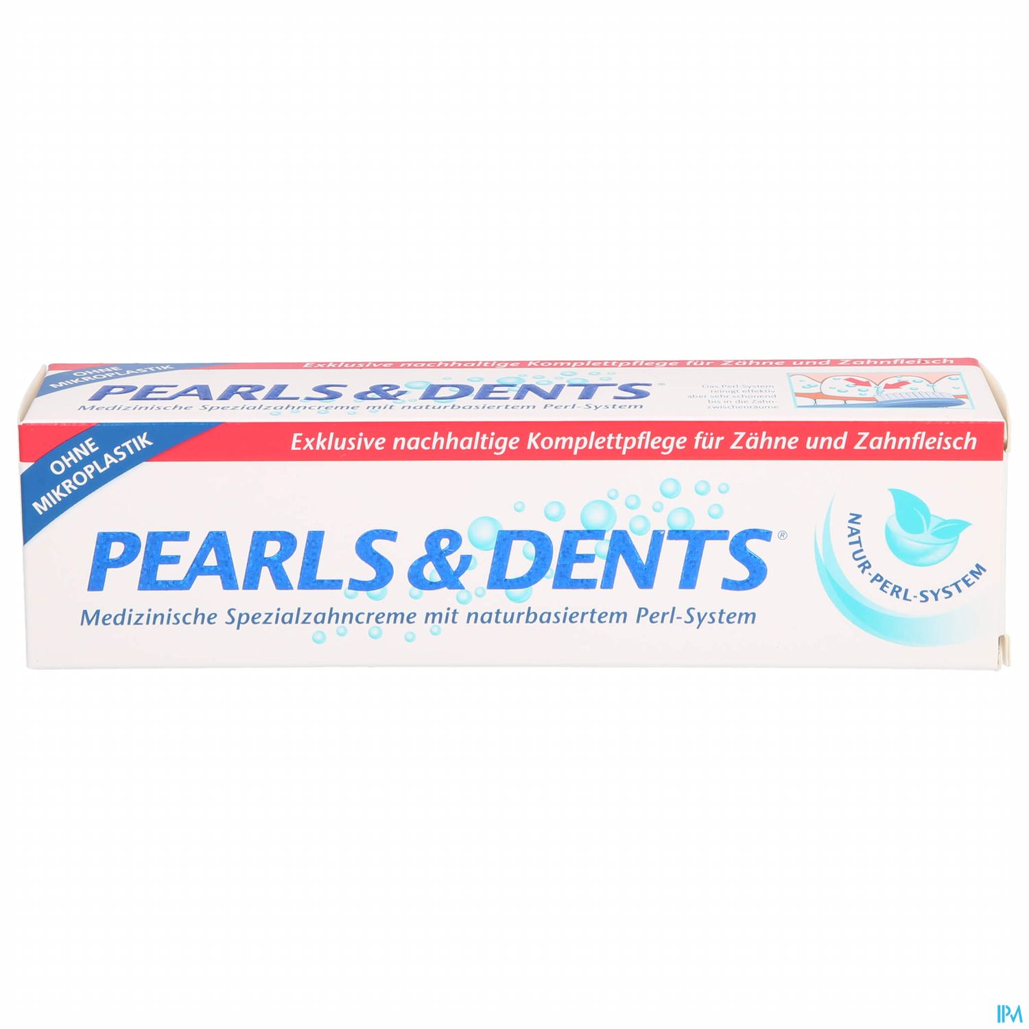 Verpackung der Zahnpasta "PEARLS & DENTS" mit dem Hinweis auf nachhaltige Komplettpflege für Zähne und Zahnfleisch.