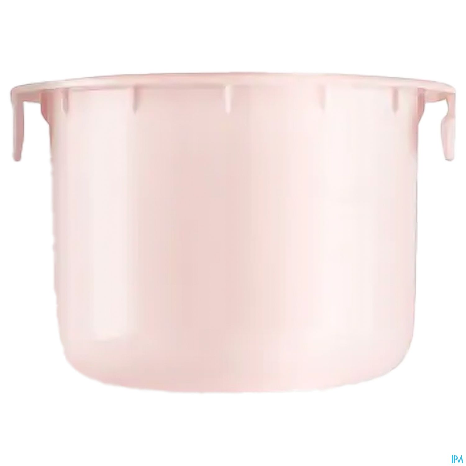 Ein runder, rosa Kunststoffbehälter ohne Deckel.