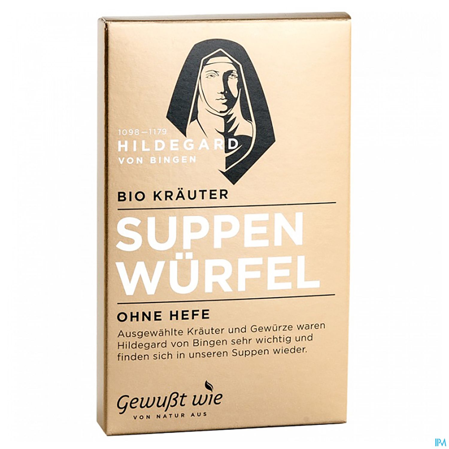 Verpackung von Bio Kräuter Suppenwürfeln ohne Hefe mit dem Bild von Hildegard von Bingen.