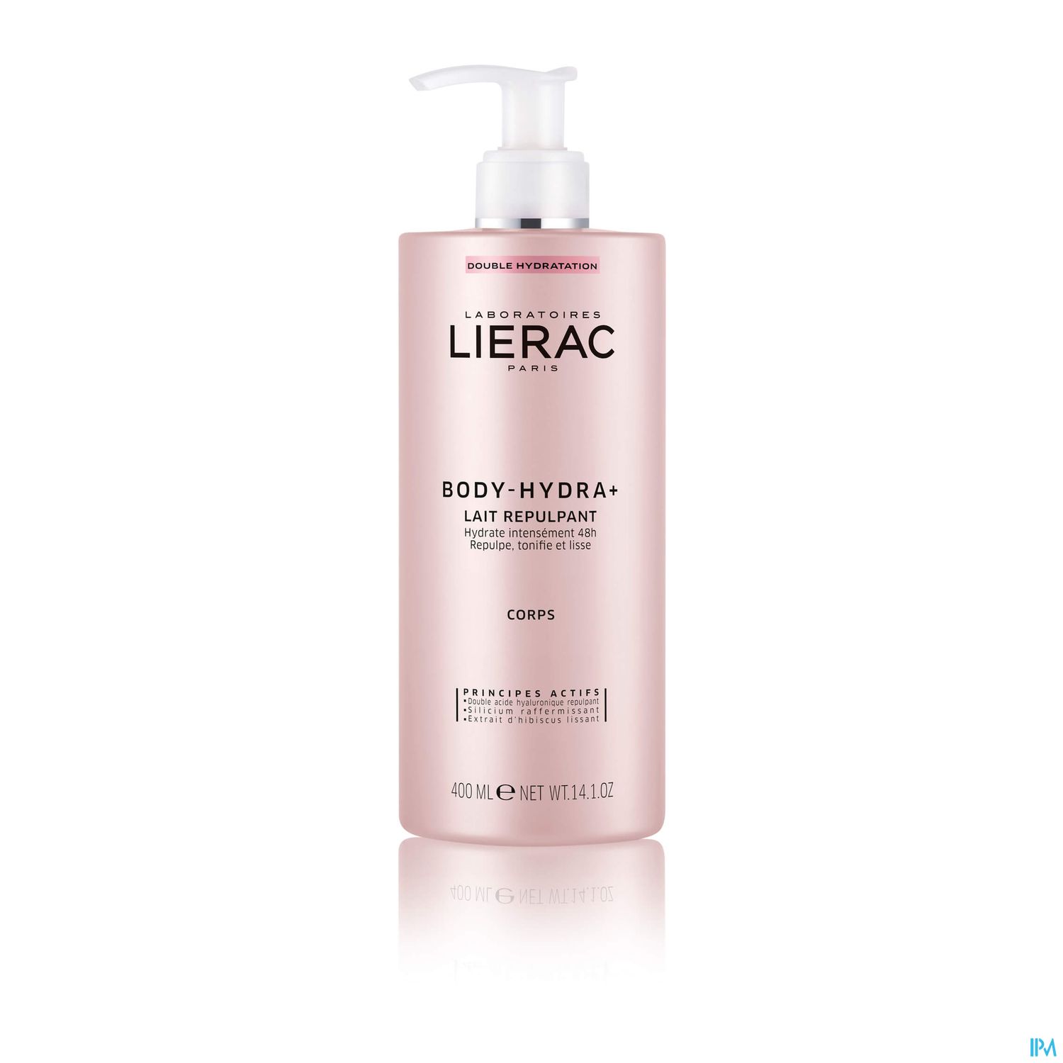 Flasche mit Body-Hydra+ feuchtigkeitsspendender Lotion von Lierac, 400 ml, mit Pumpkopf.