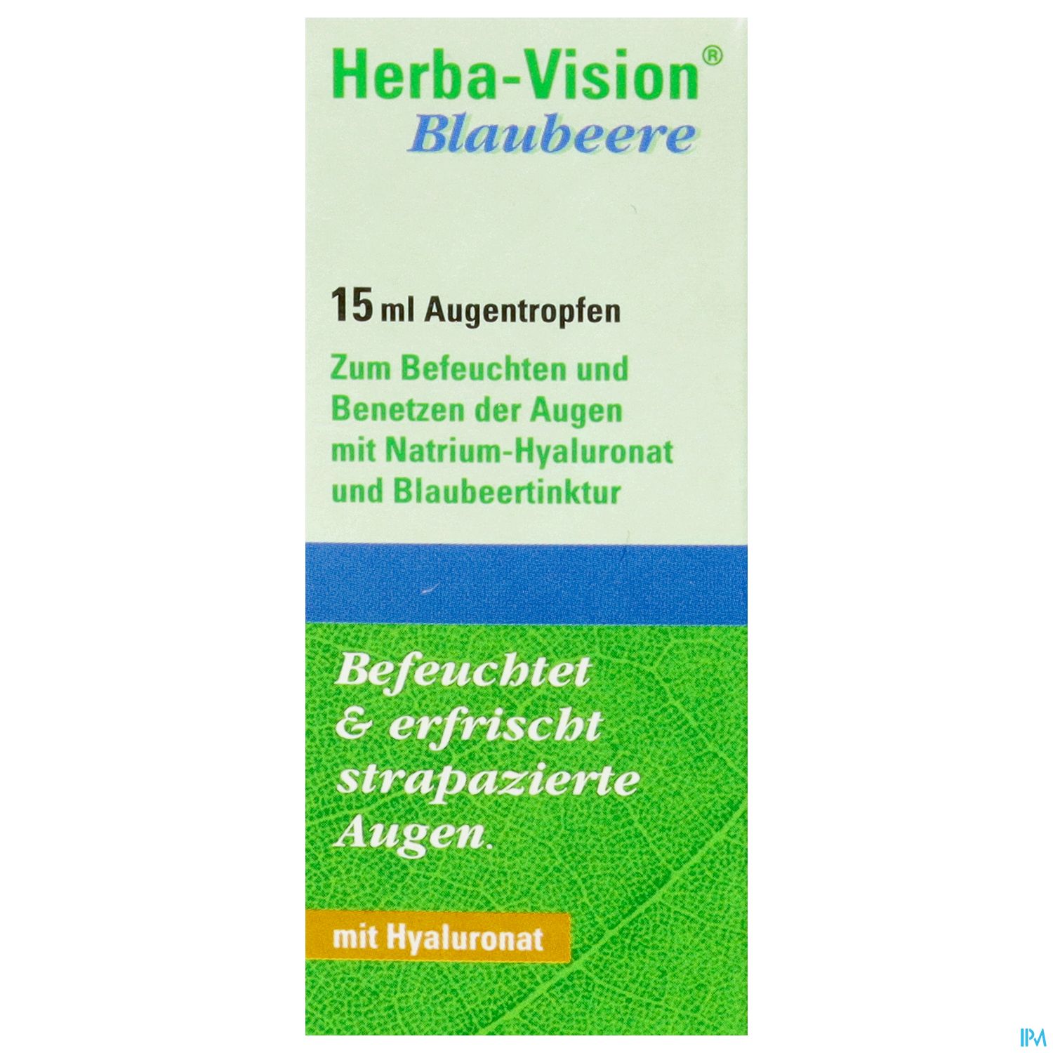 Produktverpackung von Herba-Vision Blaubeer Augentropfen (15 ml) mit Beschreibungen zur Anwendung und Inhaltsstoffen.