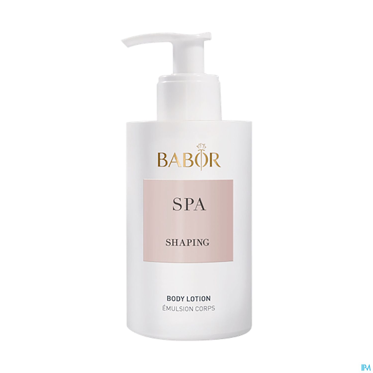 Weiße Flasche mit Pumpkopf, beschriftet mit "BABOR SPA Shaping Body Lotion".