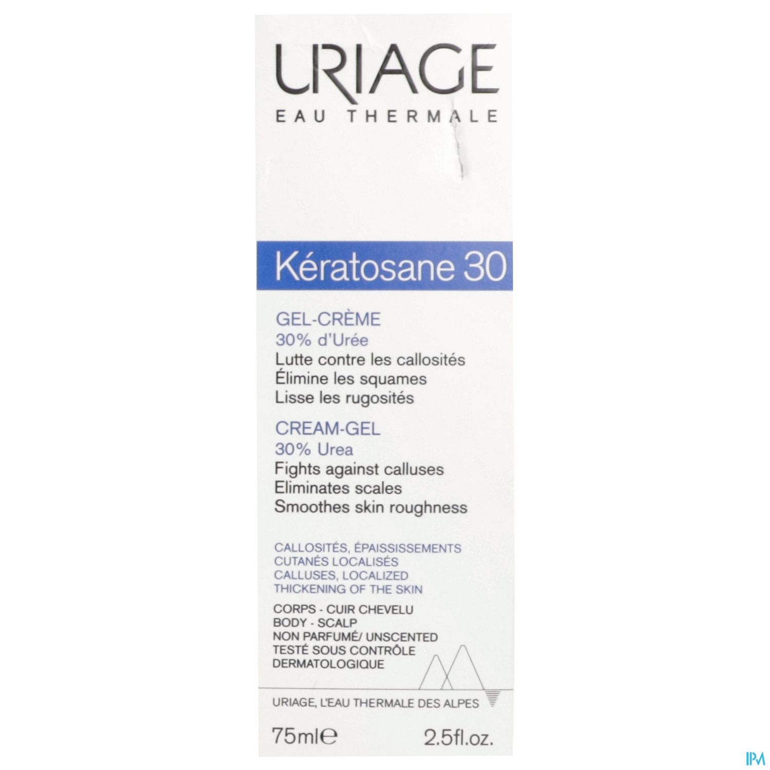 Produktverpackung von Uriage Kératosane 30, Gel-Crème mit 30 % Urea zur Bekämpfung von Hornhaut und Glättung von rauen Stellen.