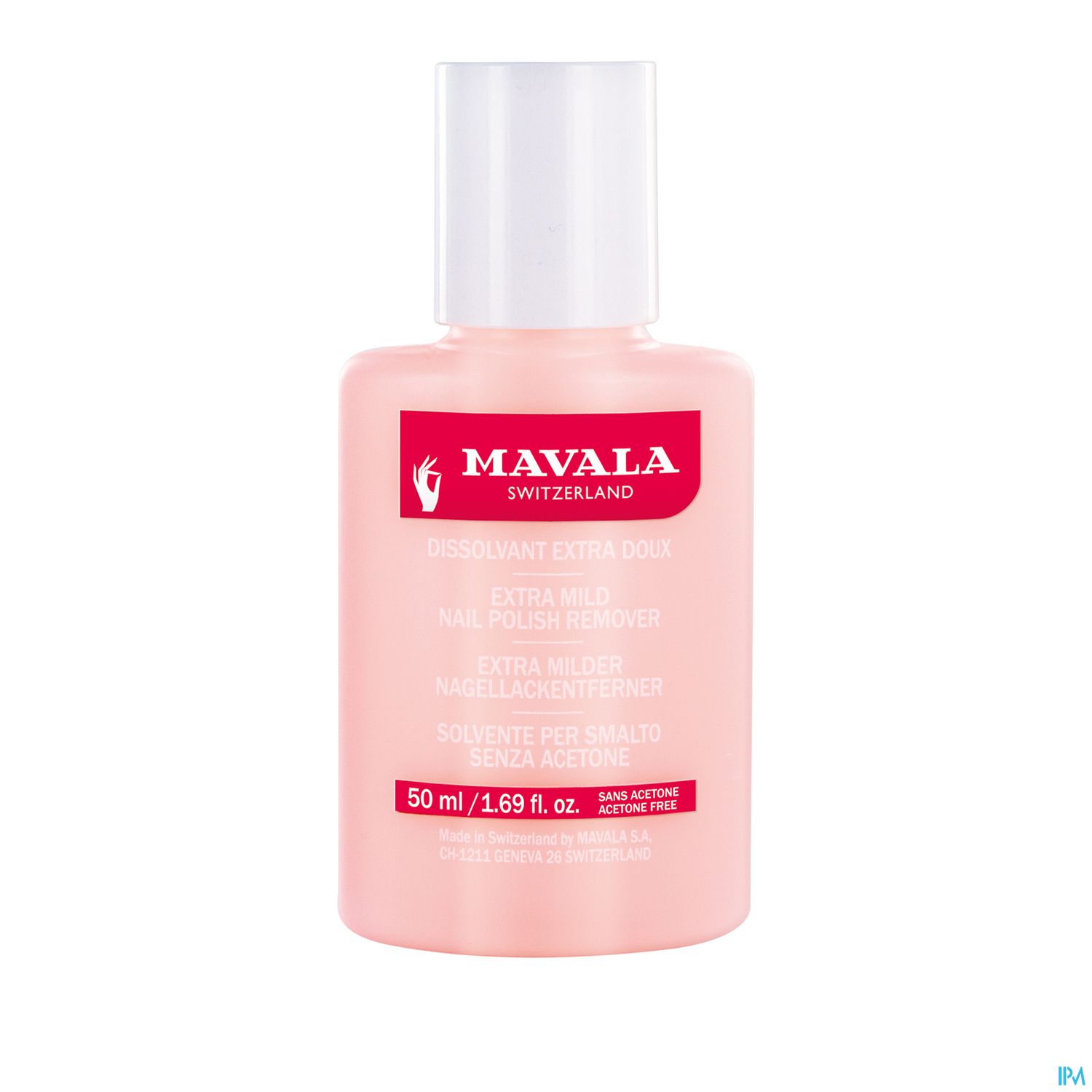 Flasche mit Nagellackentferner von Mavala, 50 ml, rosa mit rotem Etikett.
