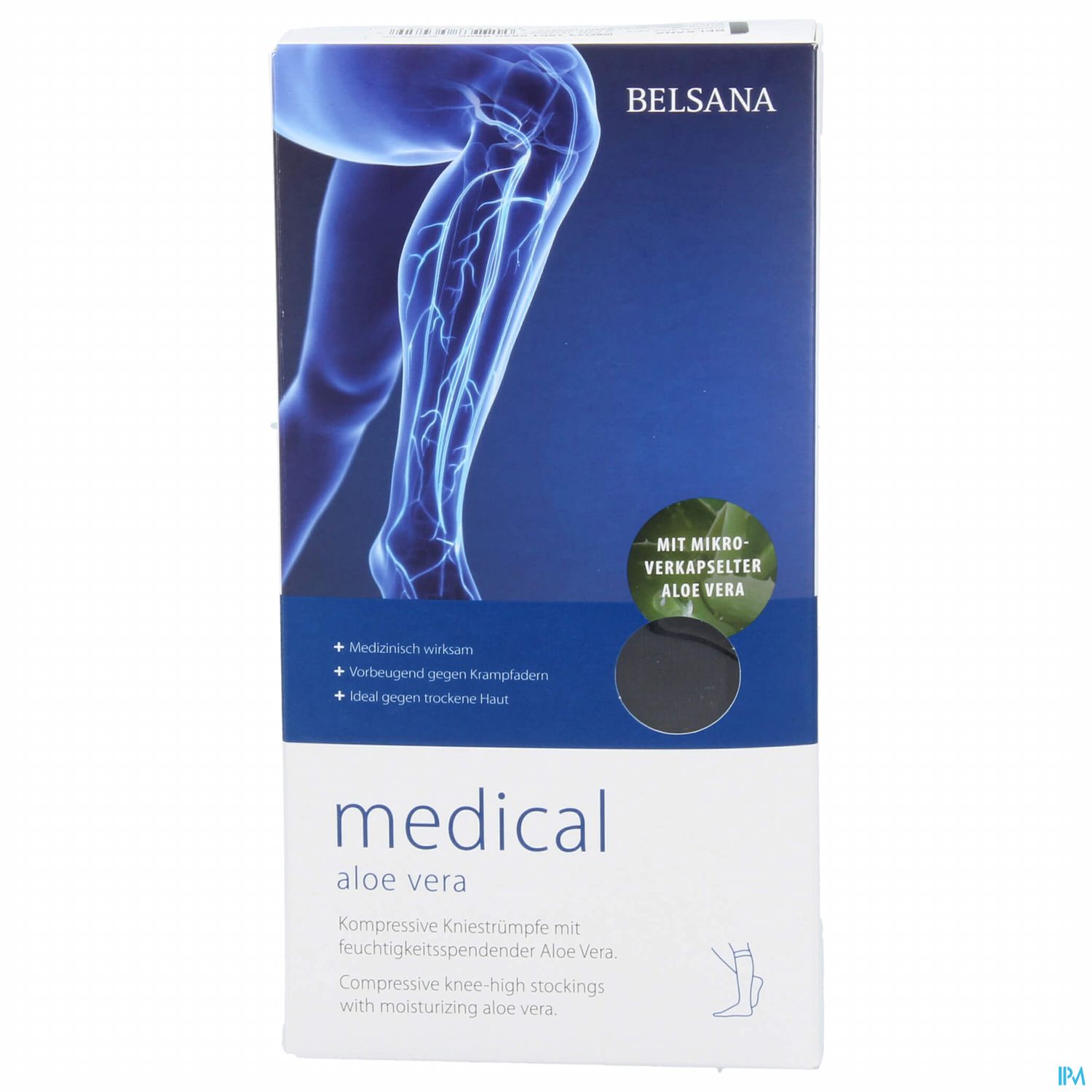 Verpackung von Belsana Medical Aloe Vera, die kompressive Kniestrümpfe mit feuchtigkeitsspendender Aloe Vera zeigt.