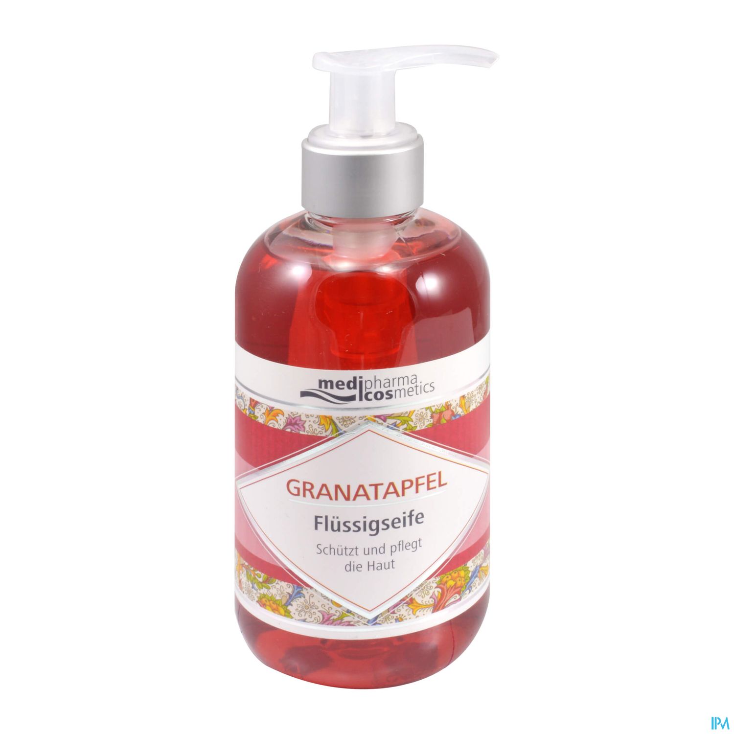 Flasche Flüssigseife mit Granatapfel-Duft, auf dem Etikett steht "Schützt und pflegt die Haut".