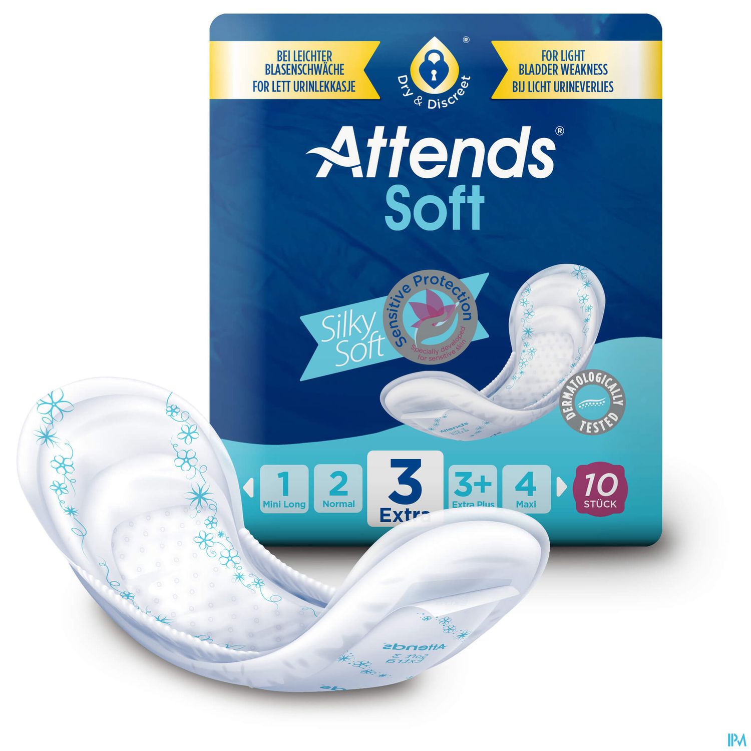 Bild zeigt eine Packung Attends Soft Inkontinenzprodukte in der Größe 3 Extra mit einem blauen Hintergrund und einem Motiv eines saugfähigen Einlagenprodukts.