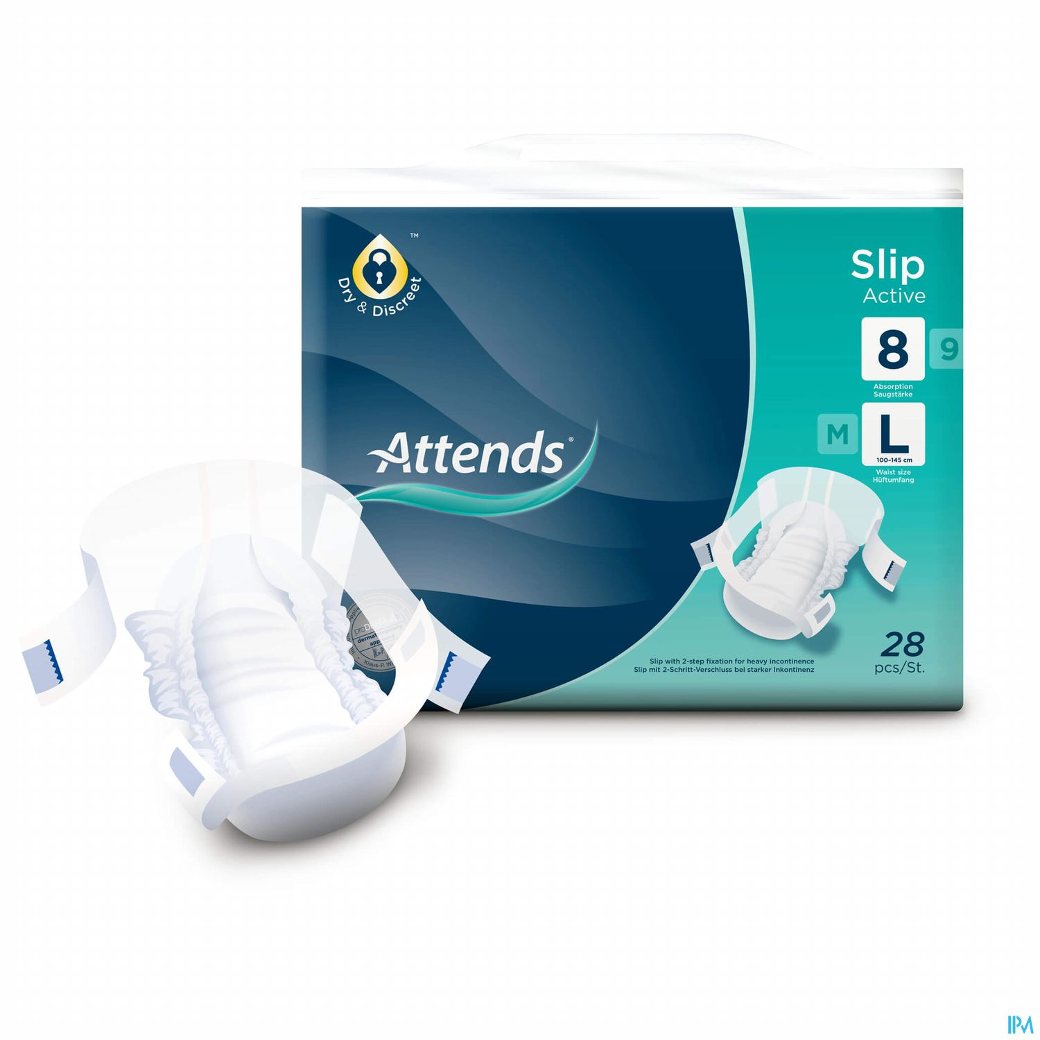 Packung mit Attends Slip Active Einlagen Größe 8, enthält 28 Stück.