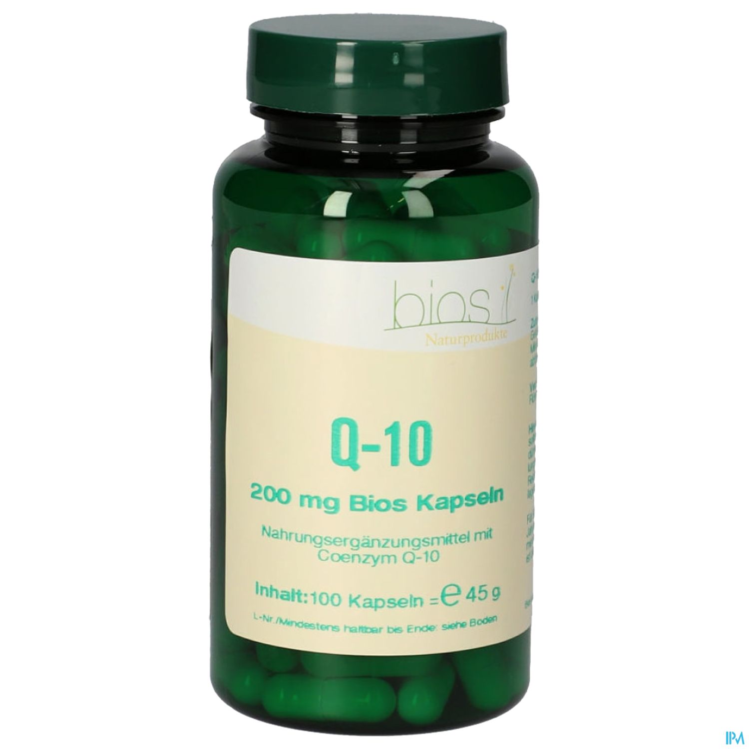 Grünes Fläschchen mit Kapseln, beschriftet mit "Q-10 200 mg Bios Kapseln, Nahrungsergänzungsmittel mit Coenzym Q-10, Inhalt: 100 Kapseln".